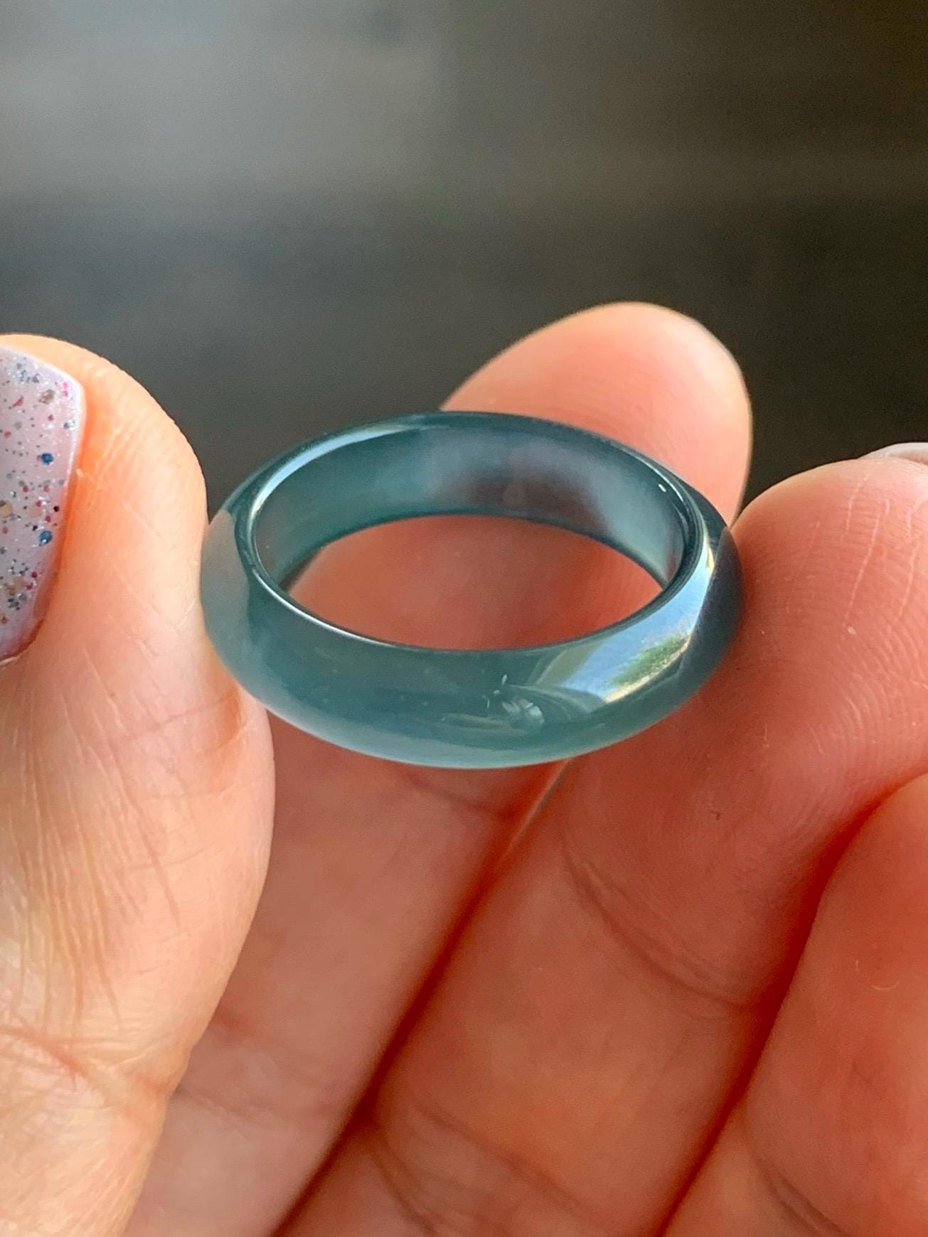 Natural Guatemalan Icy Translucent Gelatinous Dark Teal Blue Jadeite Wide Band Ring Size 6.75 US 天然冰危深蓝翡翠戒圈 SLB-A