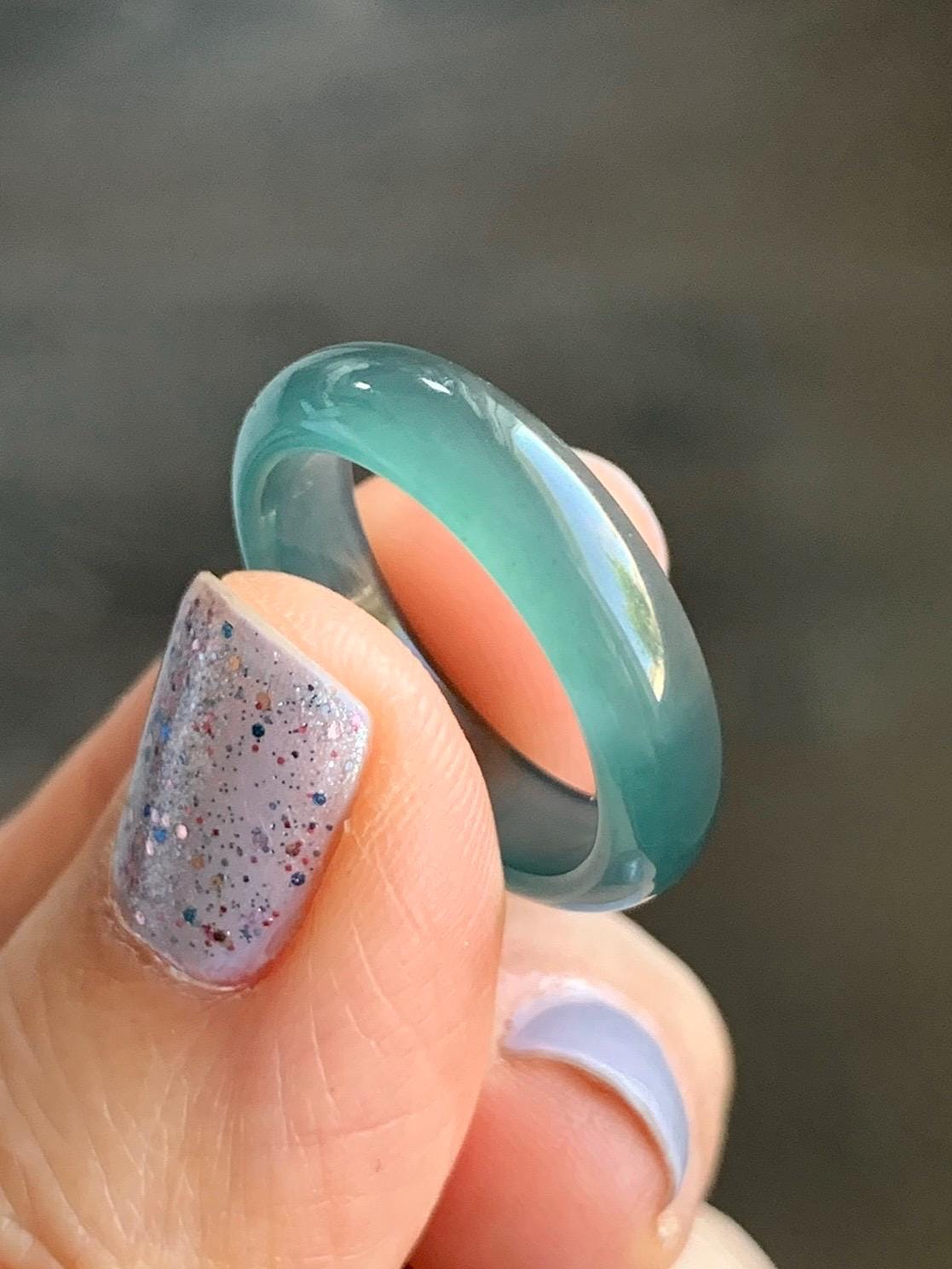 Natural Guatemalan Icy Translucent Gelatinous Dark Teal Blue Jadeite Wide Band Ring Size 6.75 US 天然冰危深蓝翡翠戒圈 SLB-A