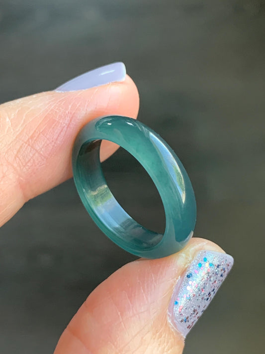 Natural Guatemalan Icy Translucent Gelatinous Dark Teal Blue Jadeite Wide Band Ring Size 6.75 US 天然冰危深蓝翡翠戒圈 SLB-A