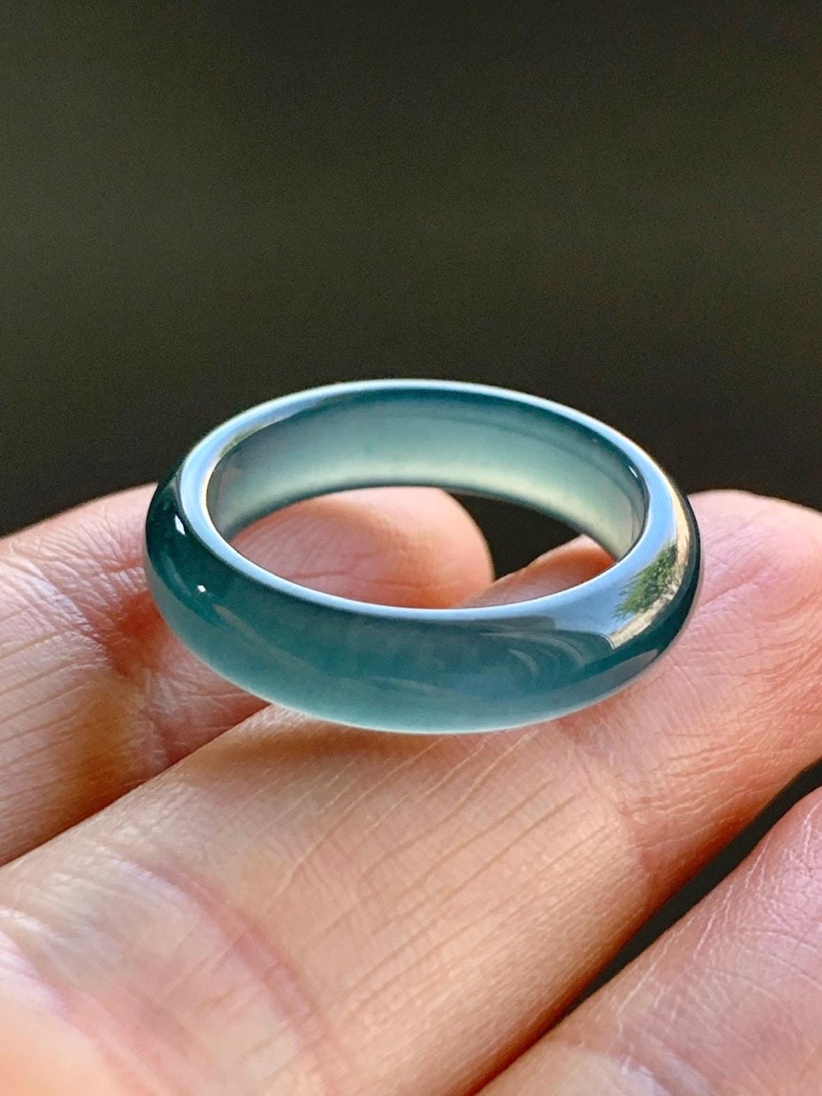 Natural Guatemalan Icy Translucent Gelatinous Dark Teal Blue Jadeite Wide Band Ring Size 6.75 US 天然冰危深蓝翡翠戒圈 SLB-A