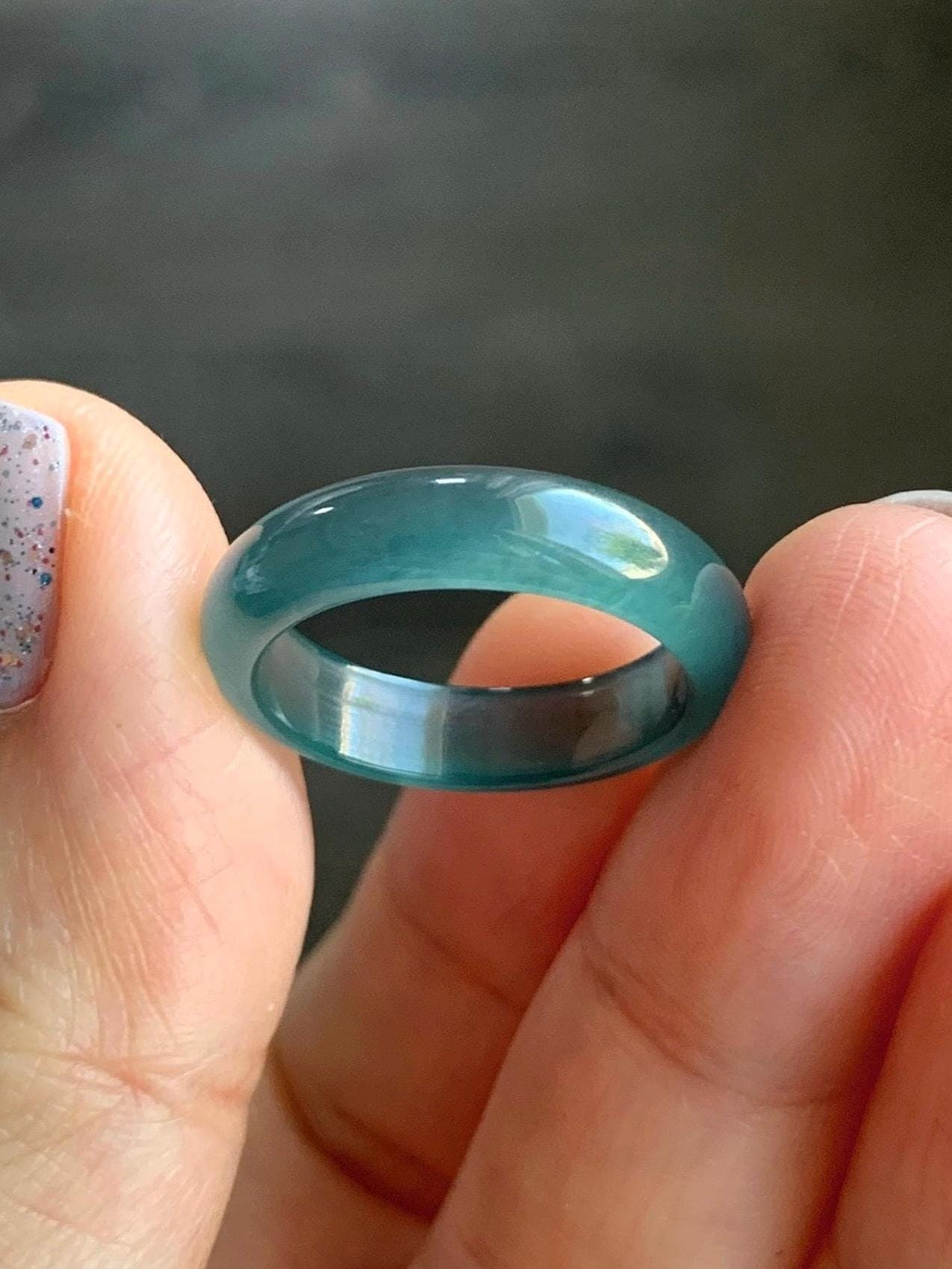 Natural Guatemalan Icy Translucent Gelatinous Dark Teal Blue Jadeite Wide Band Ring Size 6.75 US 天然冰危深蓝翡翠戒圈 SLB-A