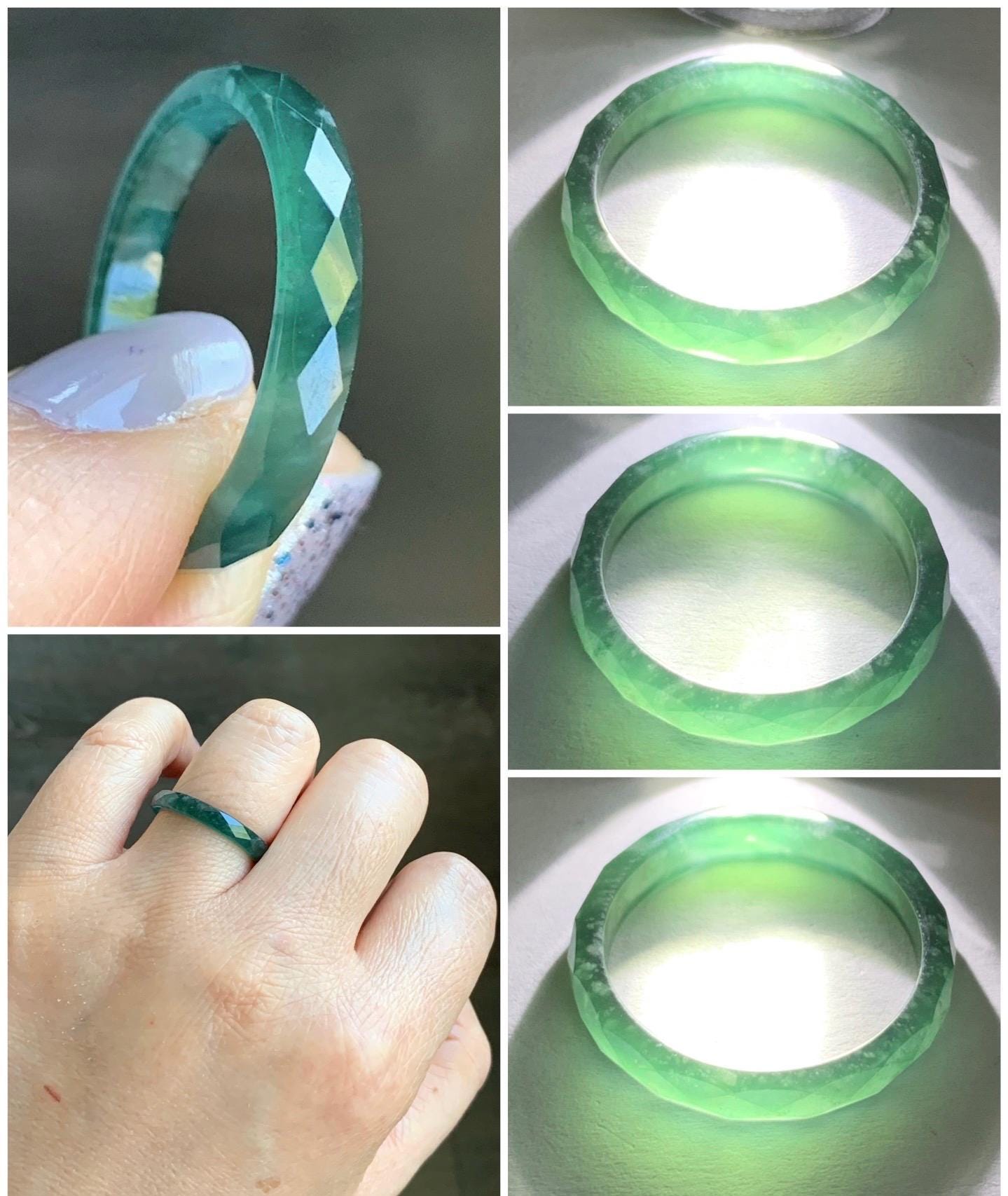 Natural Guatemalan Icy Translucent Gelatinous Dark Teal Green Jadeite Diamond Faceted Slim Band Ring Size 8 US 天然冰危深绿翡翠切割面戒圈 ZQB4