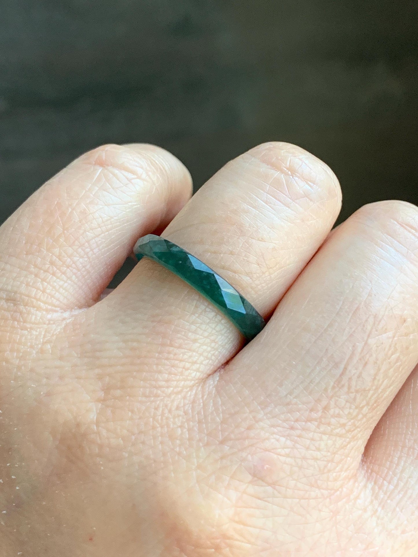Natural Guatemalan Icy Translucent Gelatinous Dark Teal Green Jadeite Diamond Faceted Slim Band Ring Size 8 US 天然冰危深绿翡翠切割面戒圈 ZQB4