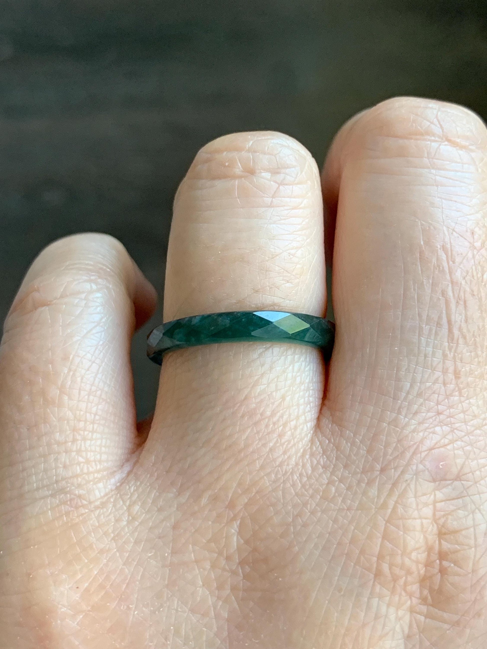 Natural Guatemalan Icy Translucent Gelatinous Dark Teal Green Jadeite Diamond Faceted Slim Band Ring Size 8 US 天然冰危深绿翡翠切割面戒圈 ZQB4