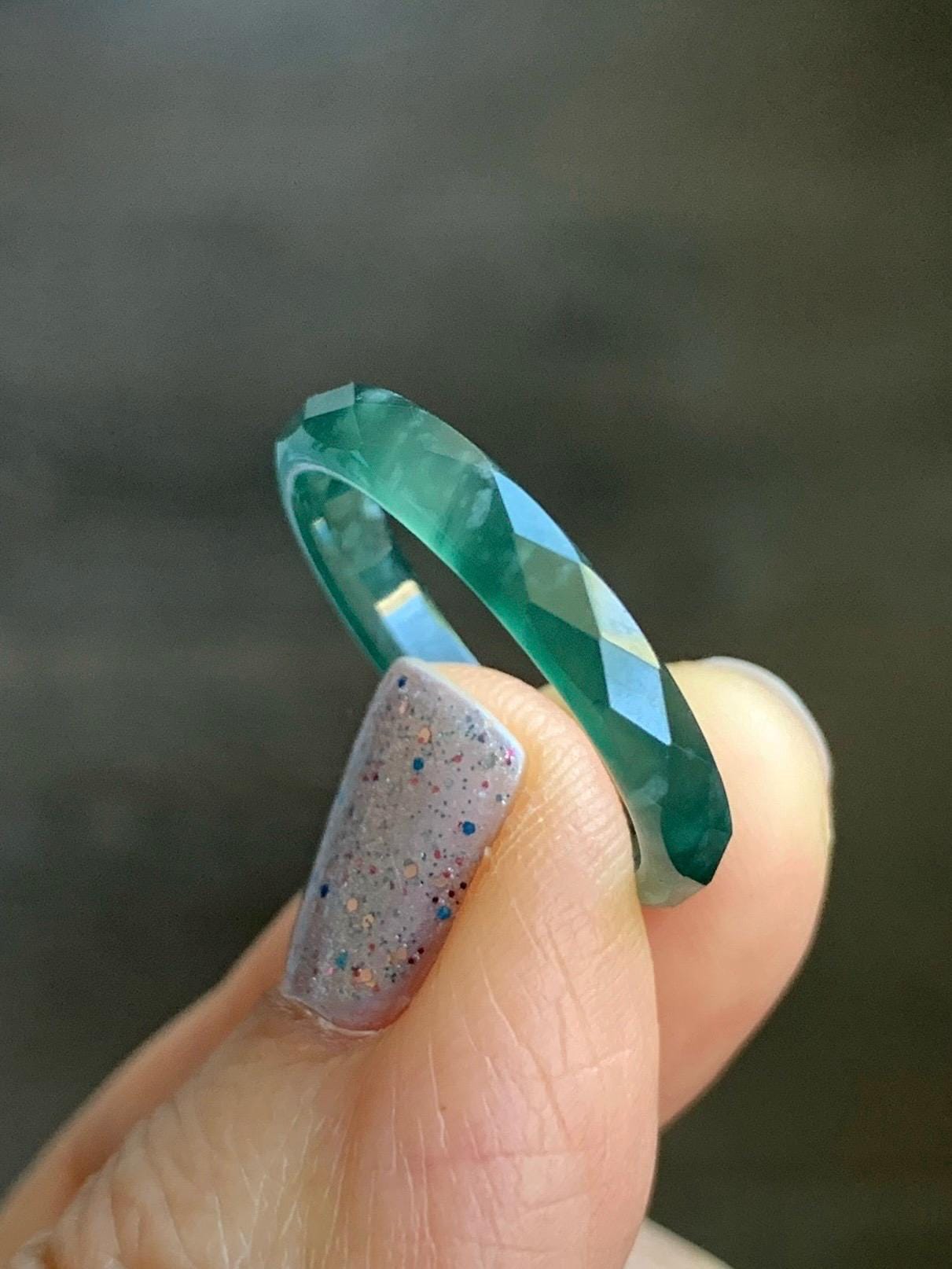 Natural Guatemalan Icy Translucent Gelatinous Dark Teal Green Jadeite Diamond Faceted Slim Band Ring Size 8 US 天然冰危深绿翡翠切割面戒圈 ZQB4