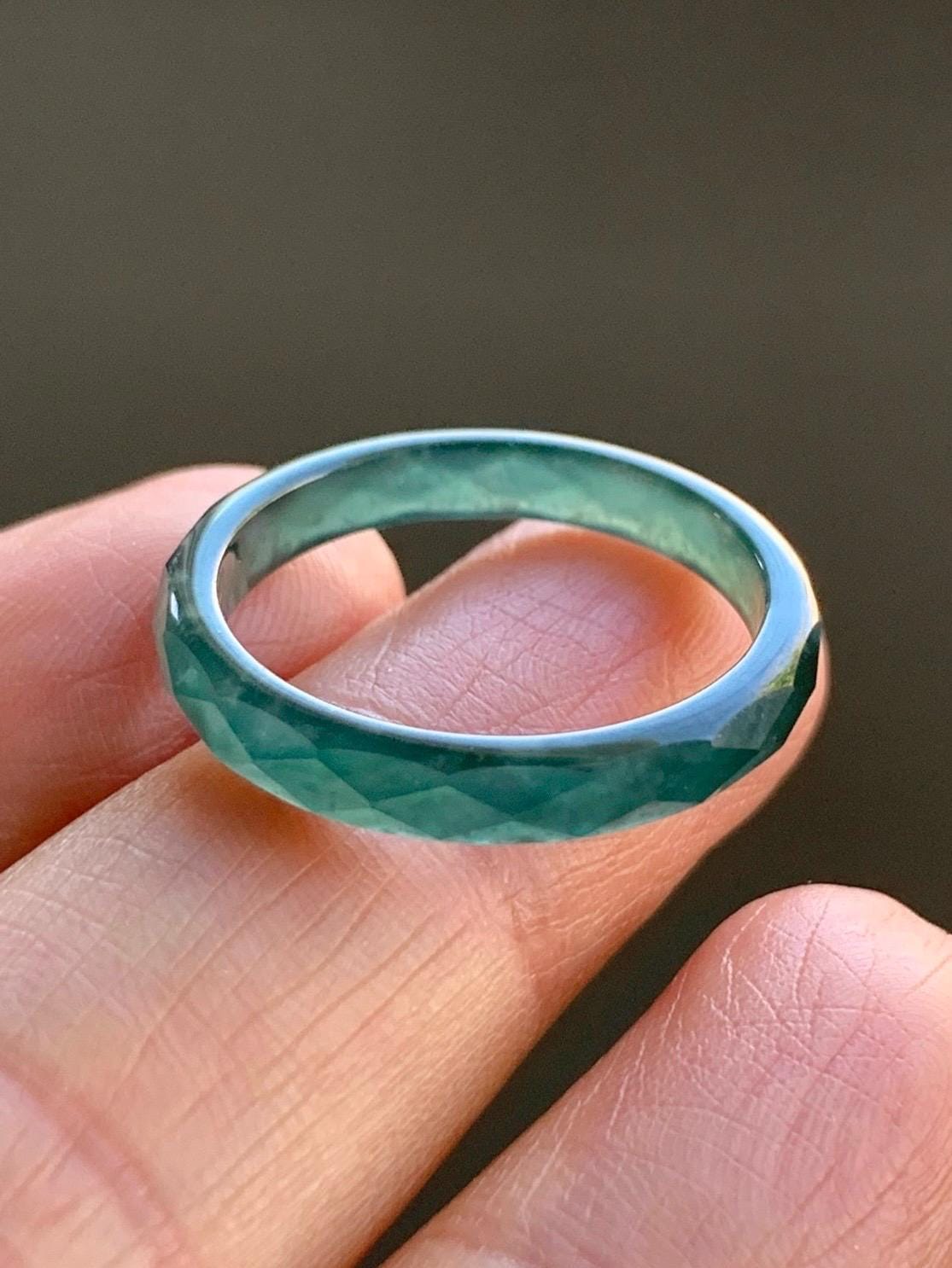 Natural Guatemalan Icy Translucent Gelatinous Dark Teal Green Jadeite Diamond Faceted Slim Band Ring Size 8 US 天然冰危深绿翡翠切割面戒圈 ZQB4