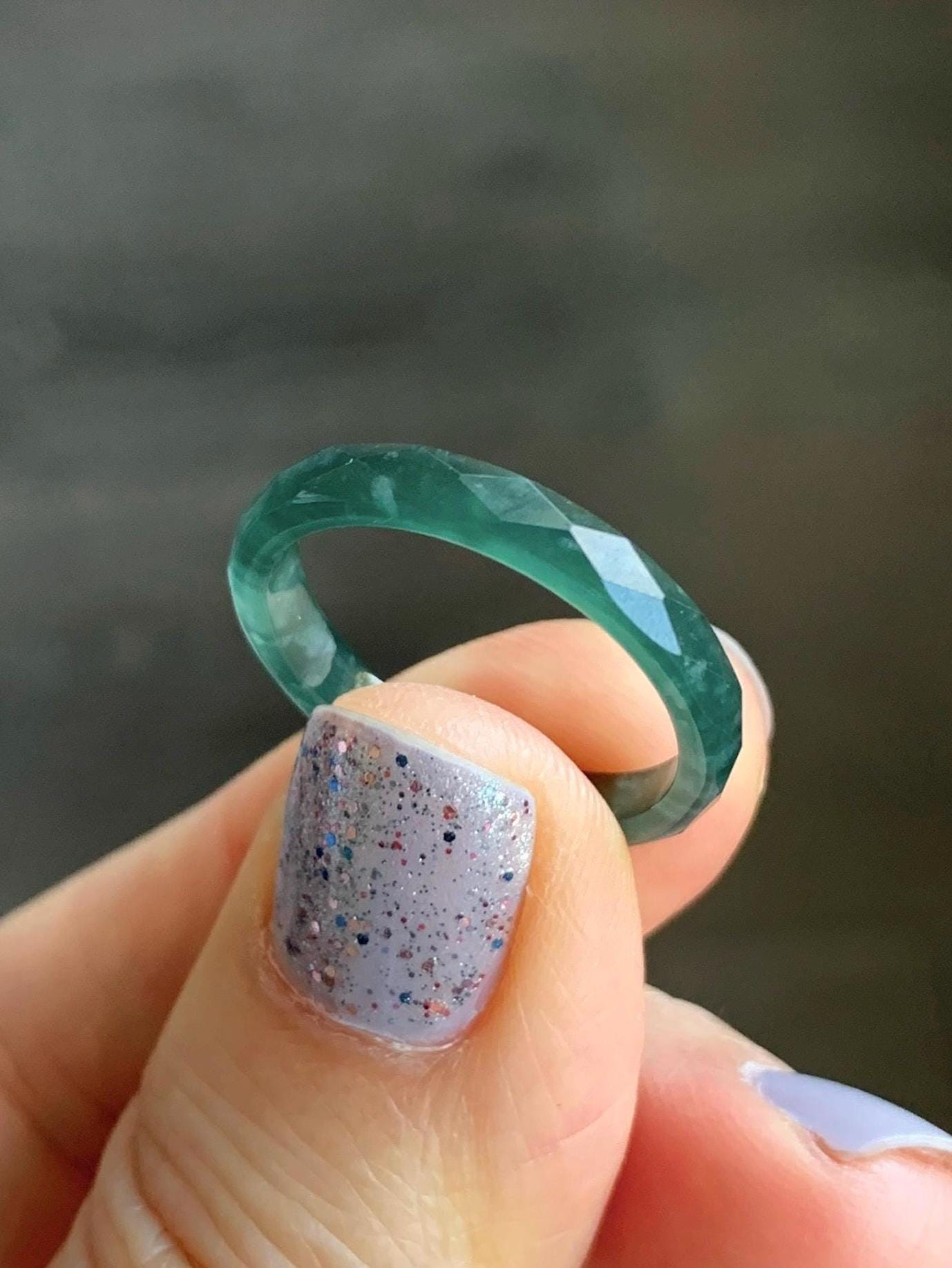 Natural Guatemalan Icy Translucent Gelatinous Dark Teal Green Jadeite Diamond Faceted Slim Band Ring Size 8 US 天然冰危深绿翡翠切割面戒圈 ZQB4