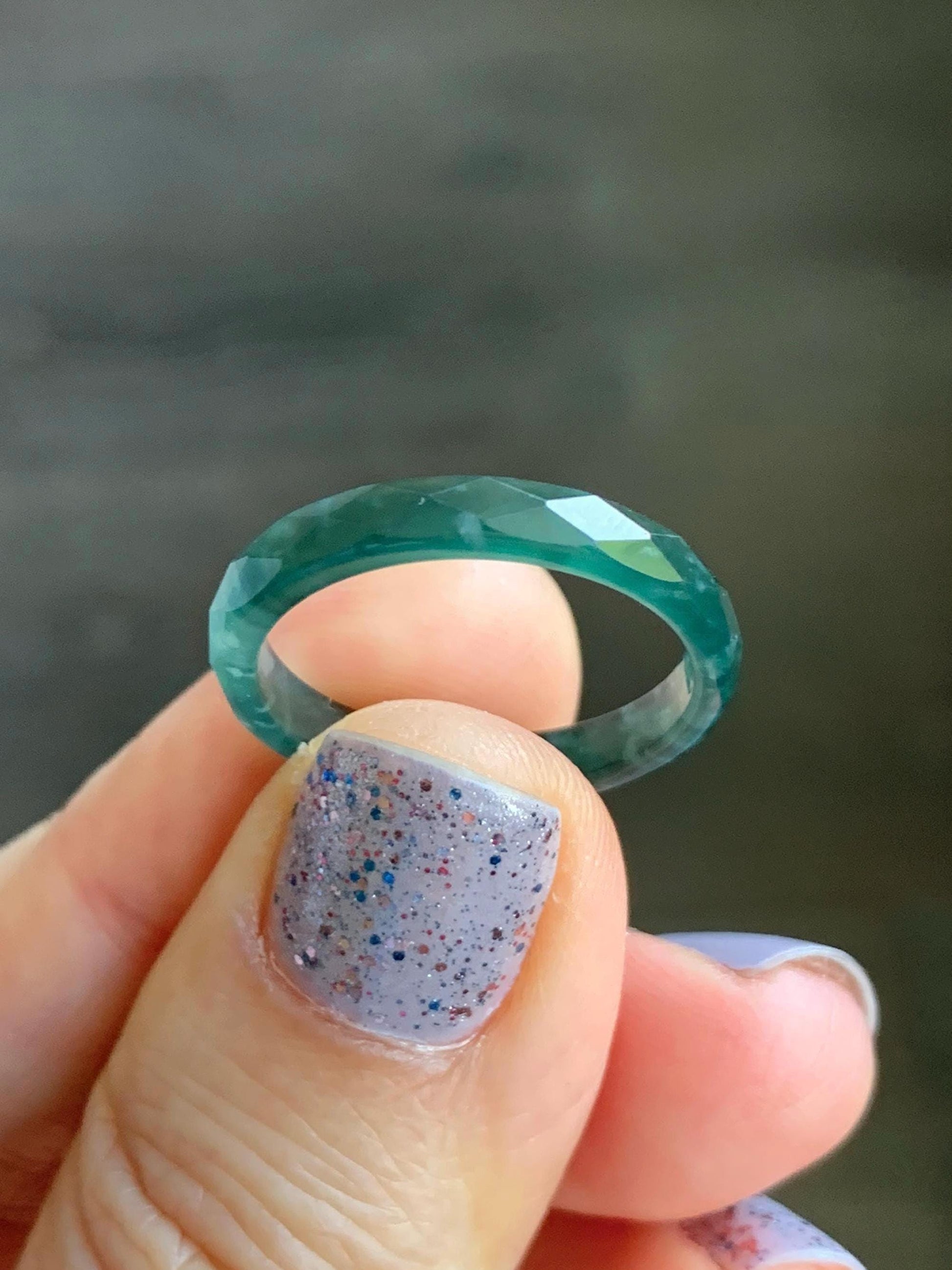 Natural Guatemalan Icy Translucent Gelatinous Dark Teal Green Jadeite Diamond Faceted Slim Band Ring Size 8 US 天然冰危深绿翡翠切割面戒圈 ZQB4