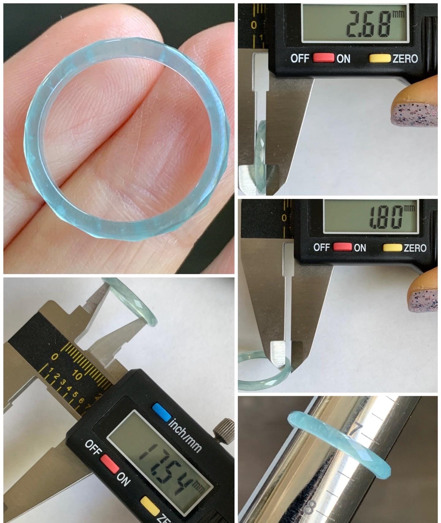 Natural Guatemalan Icy Highly Translucent Gelatinous Light Blue Jadeite Diamond Faceted Slim Band Ring Size 7.25 US 天然冰危浅蓝起光翡翠切割面戒圈 ZQB3