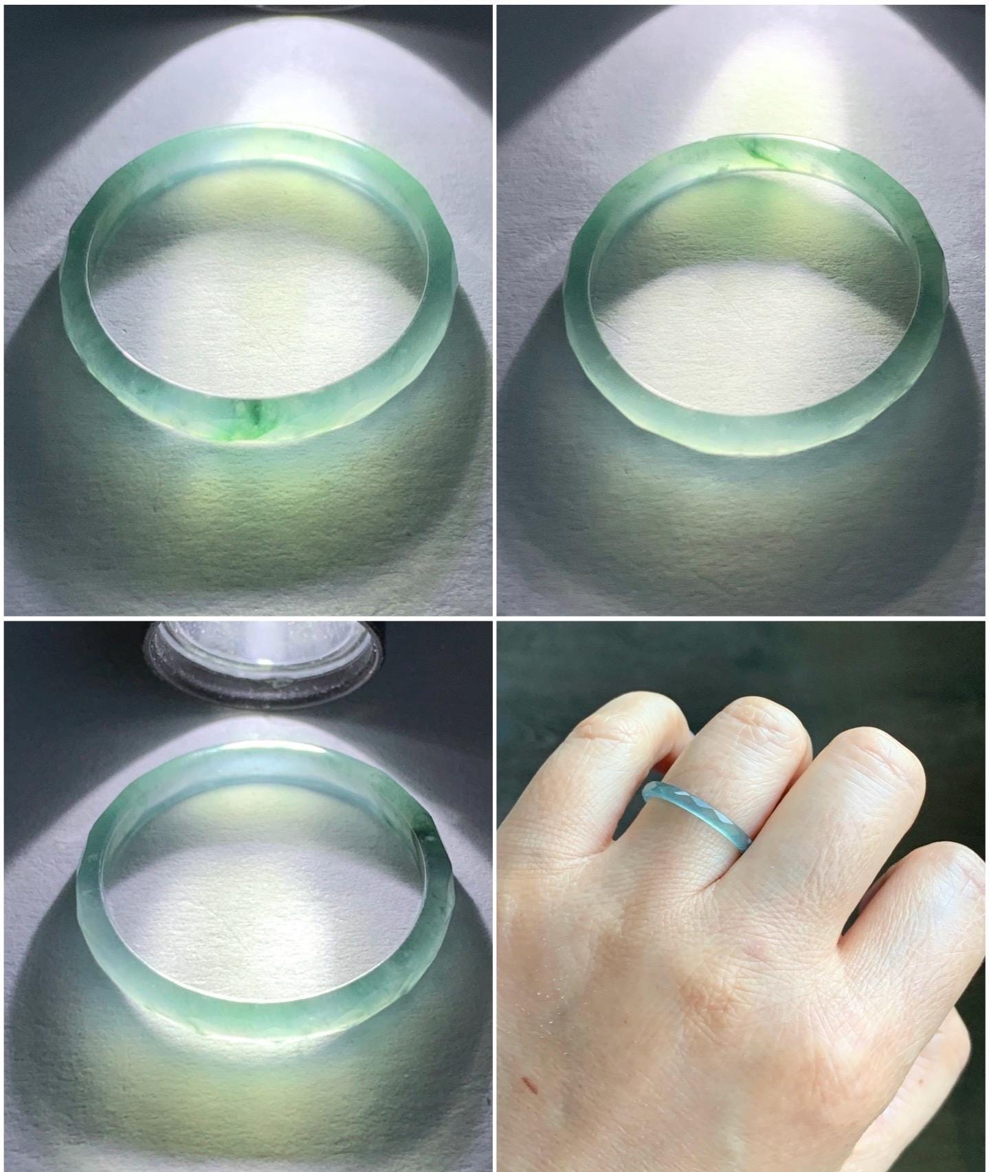 Natural Guatemalan Icy Highly Translucent Gelatinous Light Teal Blue Jadeite Diamond Faceted Slim Band Ring Size 8.75 天然冰危浅蓝飘绿起光翡翠切割面戒圈 ZQB2