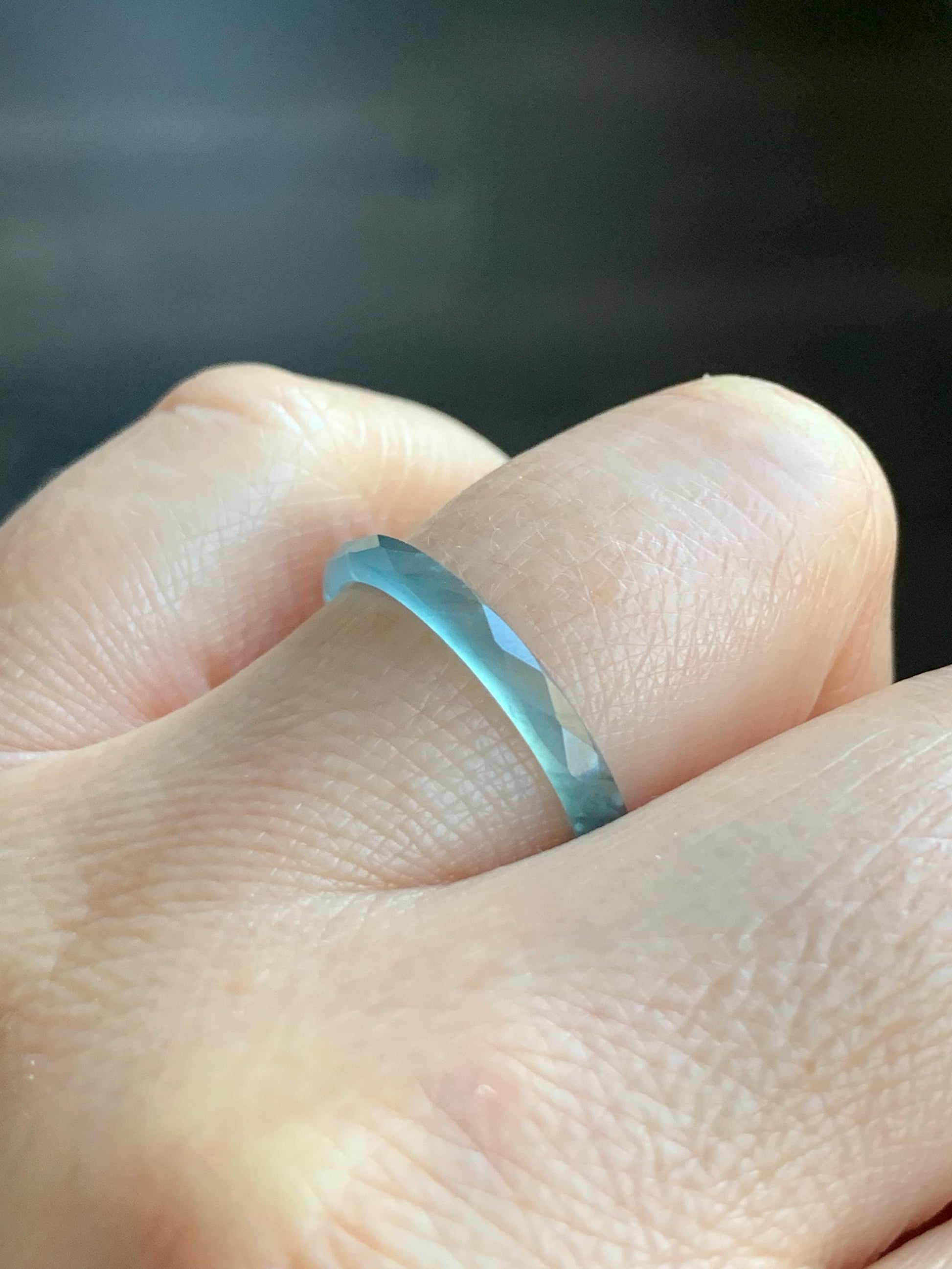 Natural Guatemalan Icy Highly Translucent Gelatinous Light Teal Blue Jadeite Diamond Faceted Slim Band Ring Size 8.75 天然冰危浅蓝飘绿起光翡翠切割面戒圈 ZQB2