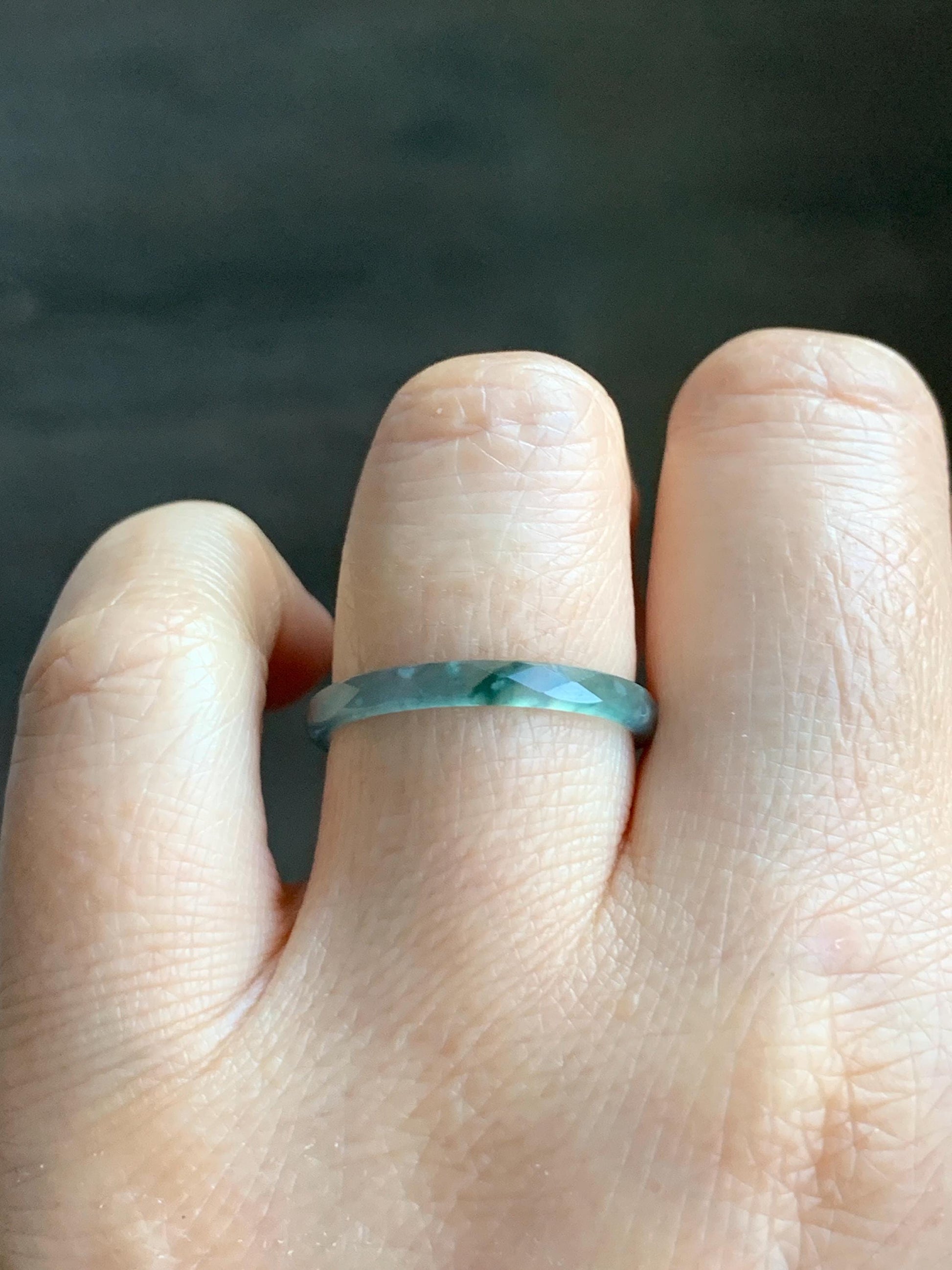 Natural Guatemalan Icy Highly Translucent Gelatinous Light Teal Blue Jadeite Diamond Faceted Slim Band Ring Size 8.75 天然冰危浅蓝飘绿起光翡翠切割面戒圈 ZQB2