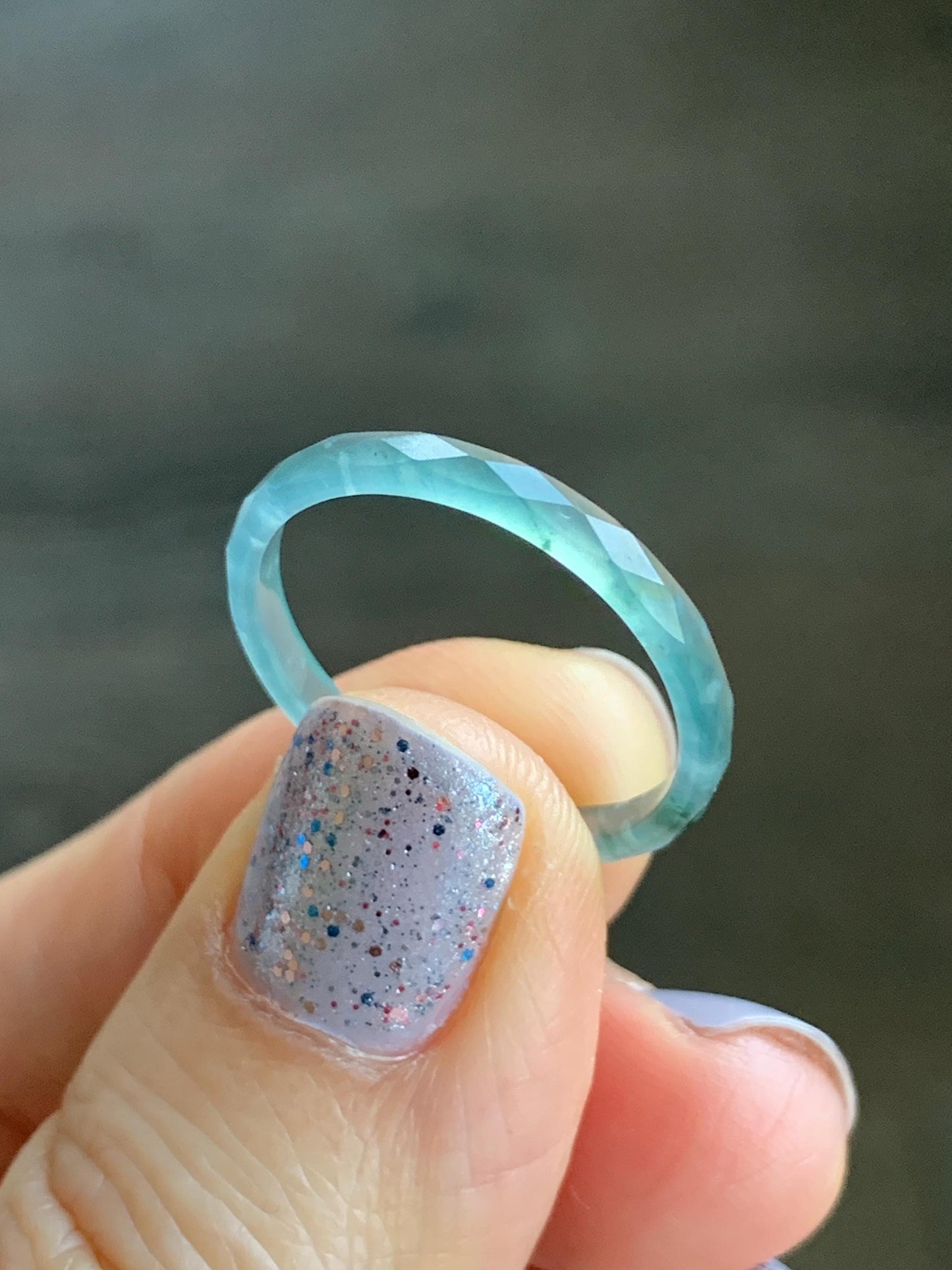 Natural Guatemalan Icy Highly Translucent Gelatinous Light Teal Blue Jadeite Diamond Faceted Slim Band Ring Size 8.75 天然冰危浅蓝飘绿起光翡翠切割面戒圈 ZQB2
