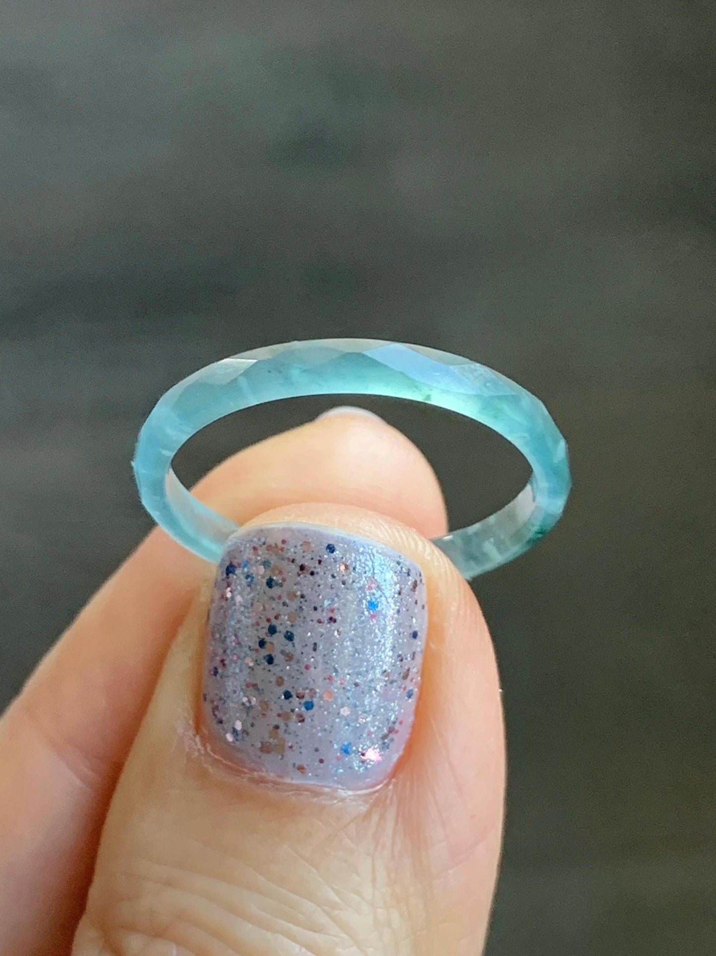 Natural Guatemalan Icy Highly Translucent Gelatinous Light Teal Blue Jadeite Diamond Faceted Slim Band Ring Size 8.75 天然冰危浅蓝飘绿起光翡翠切割面戒圈 ZQB2