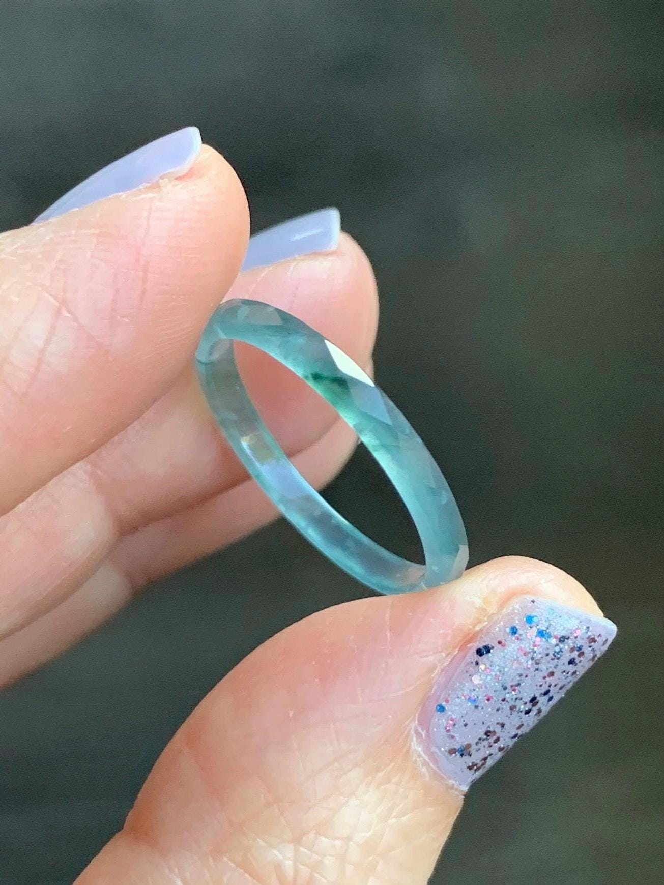 Natural Guatemalan Icy Highly Translucent Gelatinous Light Teal Blue Jadeite Diamond Faceted Slim Band Ring Size 8.75 天然冰危浅蓝飘绿起光翡翠切割面戒圈 ZQB2