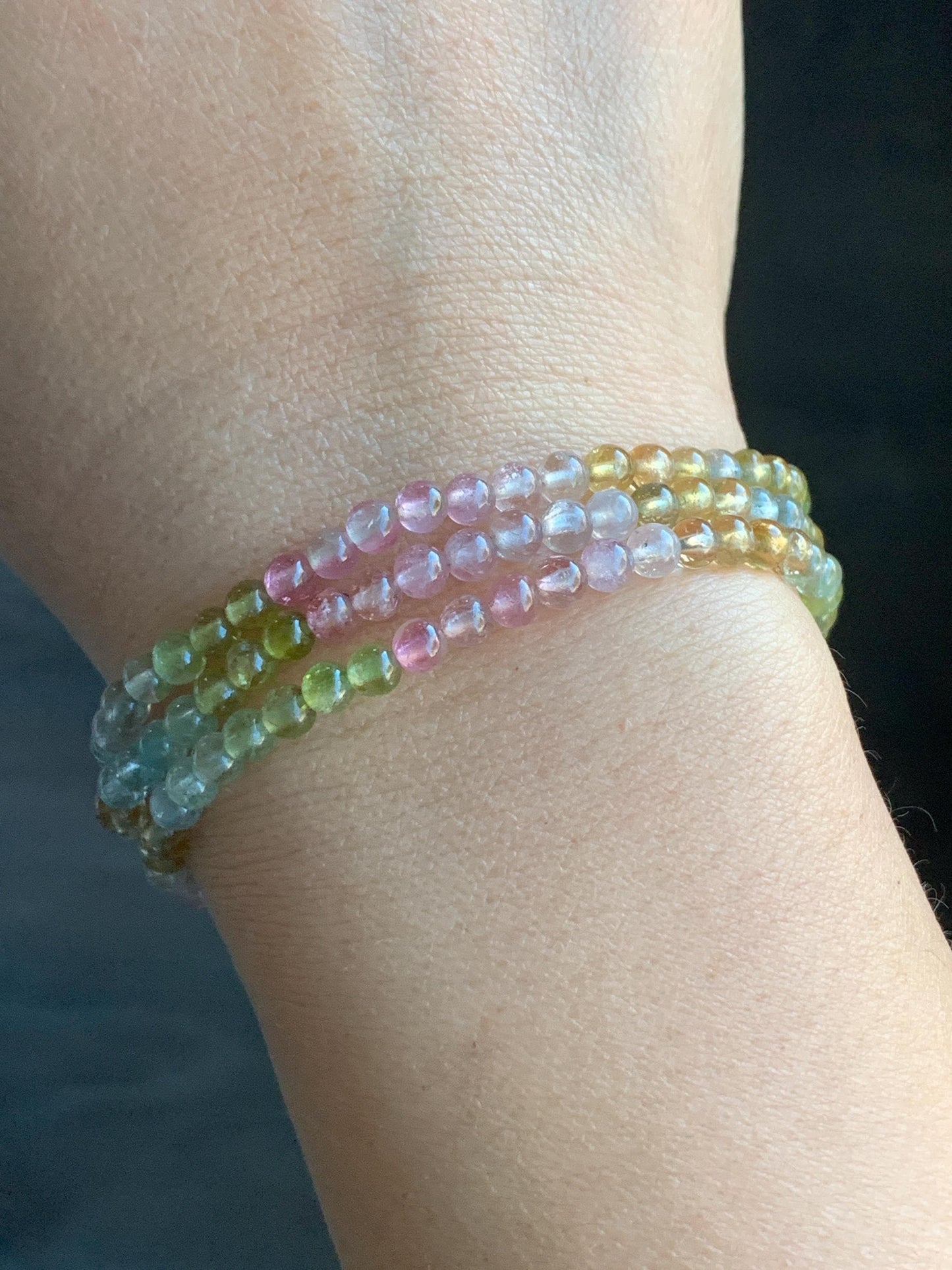 Certified Natural Icy Transparent Macaron Palette Gradient Tourmaline Triple Layered Beaded Bracelets 3.8mm 6.75” 12g 天然起光马卡龙渐变色碧玺手串 8196