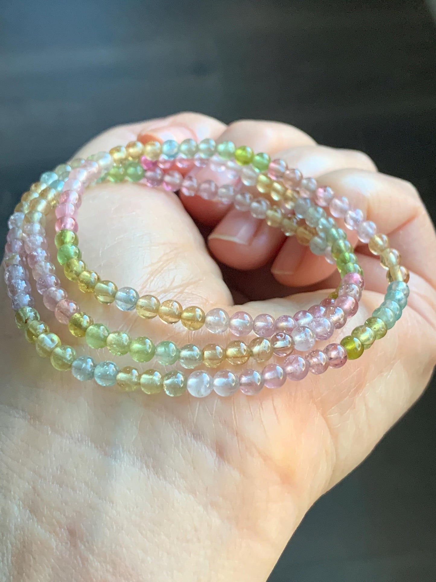 Certified Natural Icy Transparent Macaron Palette Gradient Tourmaline Triple Layered Beaded Bracelets 3.8mm 6.75” 12g 天然起光马卡龙渐变色碧玺手串 8196