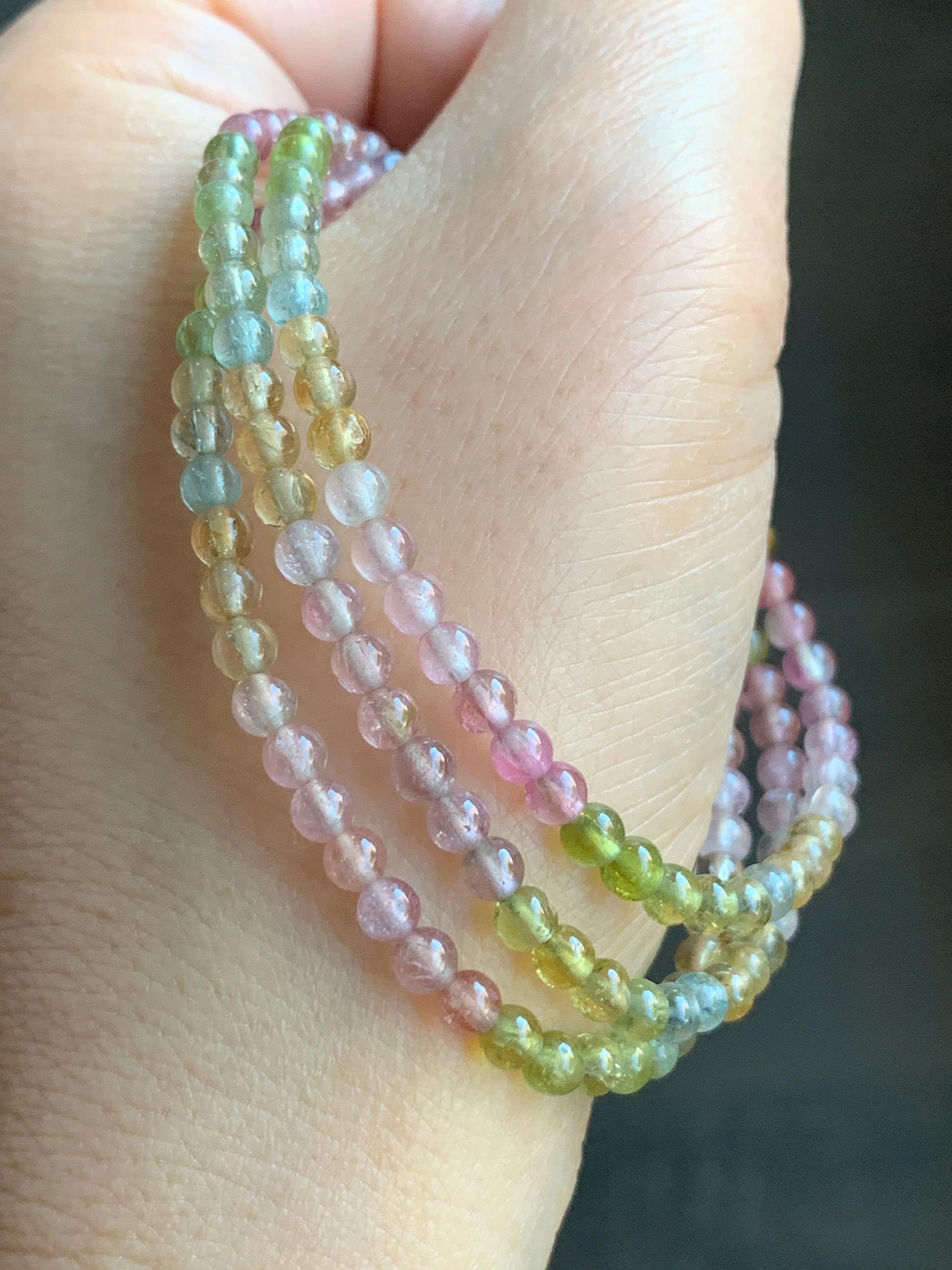 Certified Natural Icy Transparent Macaron Palette Gradient Tourmaline Triple Layered Beaded Bracelets 3.8mm 6.75” 12g 天然起光马卡龙渐变色碧玺手串 8196