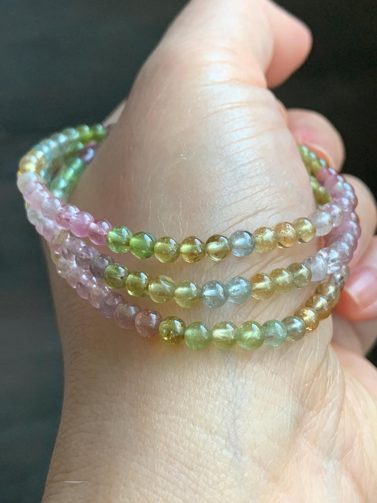 Certified Natural Icy Transparent Macaron Palette Gradient Tourmaline Triple Layered Beaded Bracelets 3.8mm 6.75” 12g 天然起光马卡龙渐变色碧玺手串 8196