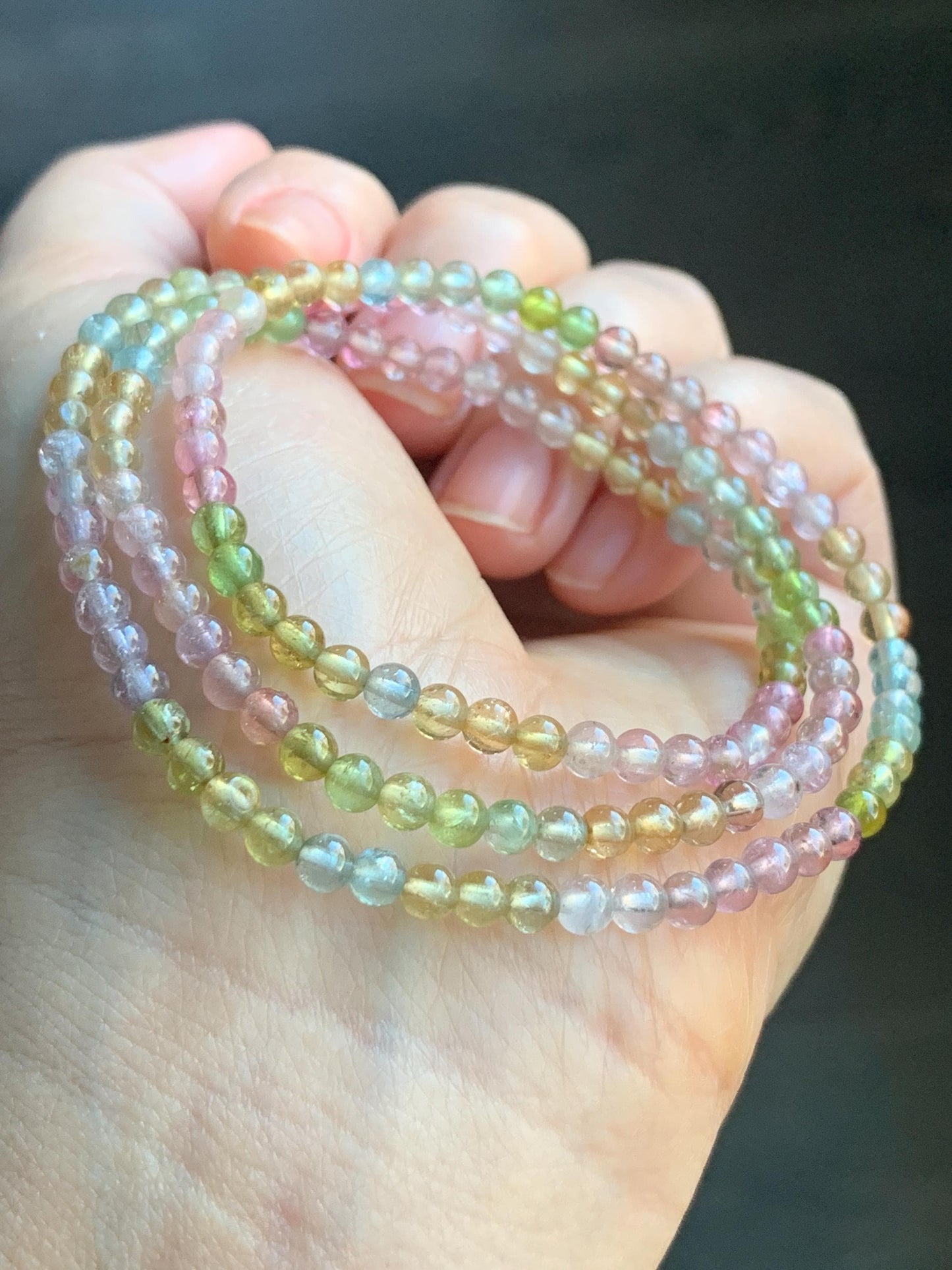 Certified Natural Icy Transparent Macaron Palette Gradient Tourmaline Triple Layered Beaded Bracelets 3.8mm 6.75” 12g 天然起光马卡龙渐变色碧玺手串 8196