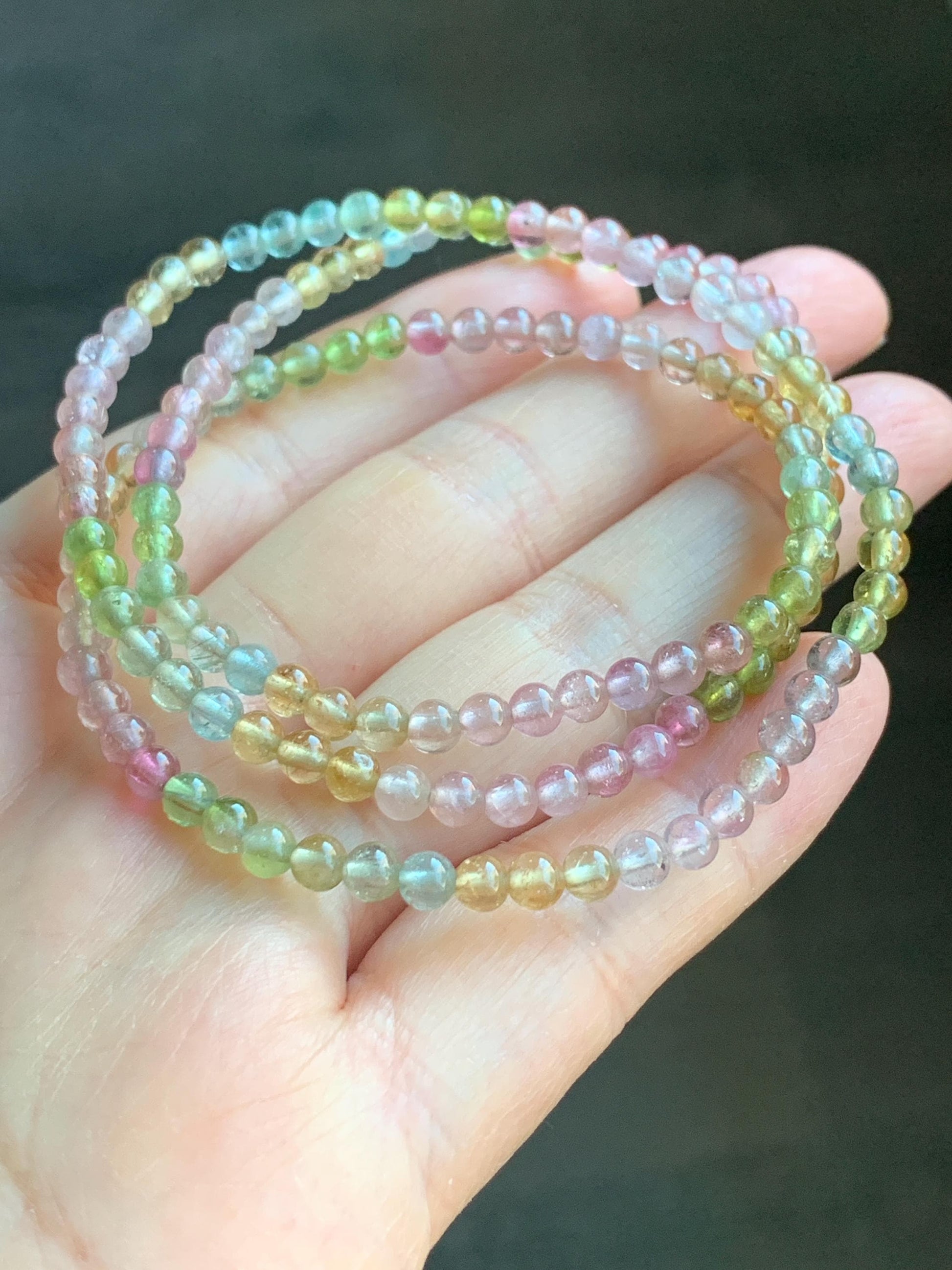 Certified Natural Icy Transparent Macaron Palette Gradient Tourmaline Triple Layered Beaded Bracelets 3.8mm 6.75” 12g 天然起光马卡龙渐变色碧玺手串 8196