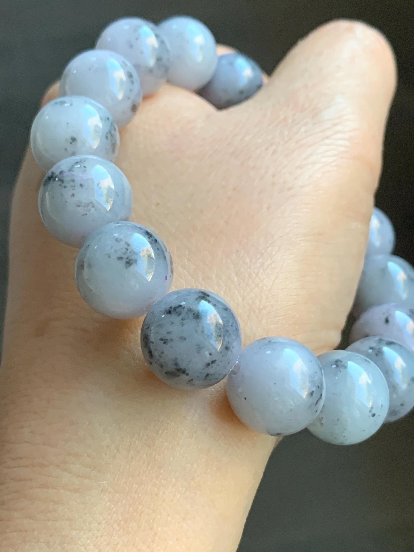 Certified Natural Burmese Icy Translucent Wuji Marbled Jadeite Beaded Bracelet 13.5mm 8” 69.7g 天然缅甸大卡乌鸡芝麻糊翡翠手串 4101