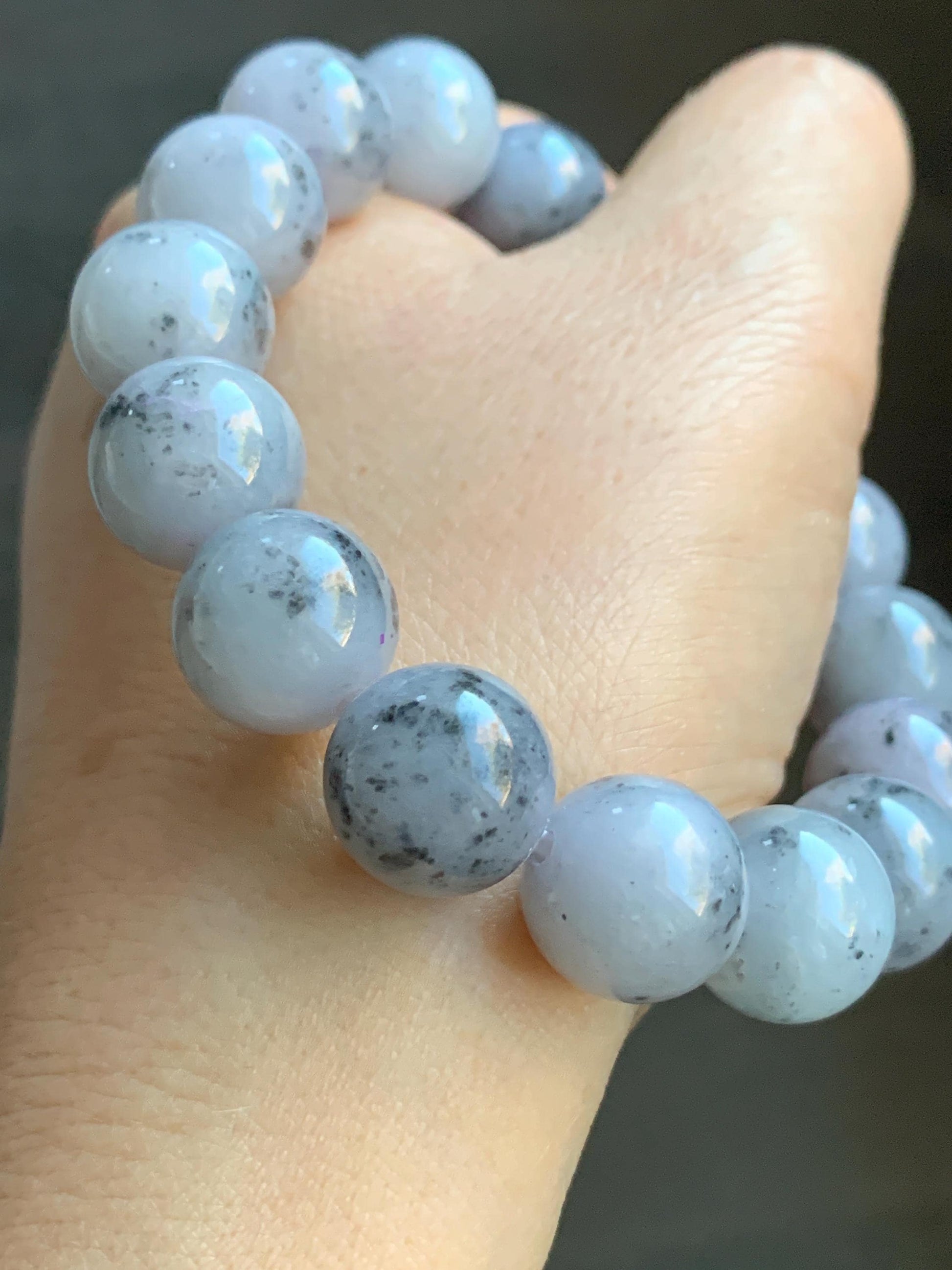 Certified Natural Burmese Icy Translucent Wuji Marbled Jadeite Beaded Bracelet 13.5mm 8” 69.7g 天然缅甸大卡乌鸡芝麻糊翡翠手串 4101
