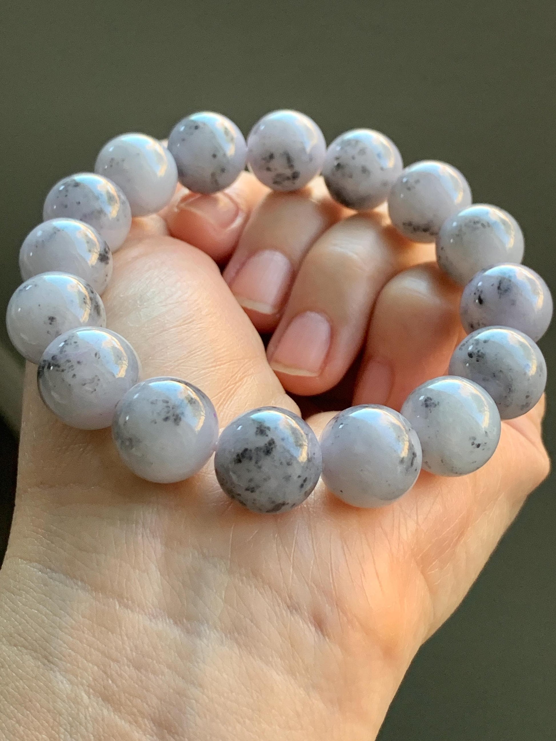 Certified Natural Burmese Icy Translucent Wuji Marbled Jadeite Beaded Bracelet 13.5mm 8” 69.7g 天然缅甸大卡乌鸡芝麻糊翡翠手串 4101
