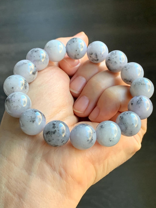 Certified Natural Burmese Icy Translucent Wuji Marbled Jadeite Beaded Bracelet 13.5mm 8” 69.7g 天然缅甸大卡乌鸡芝麻糊翡翠手串 4101