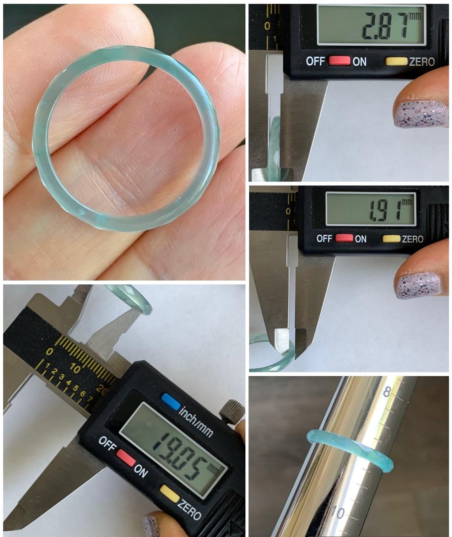 Natural Guatemalan Icy Highly Translucent Gelatinous Light Teal Blue Jadeite Diamond Faceted Slim Band Ring Size 9 天然冰危浅蓝起光翡翠切割面戒圈 ZQB1