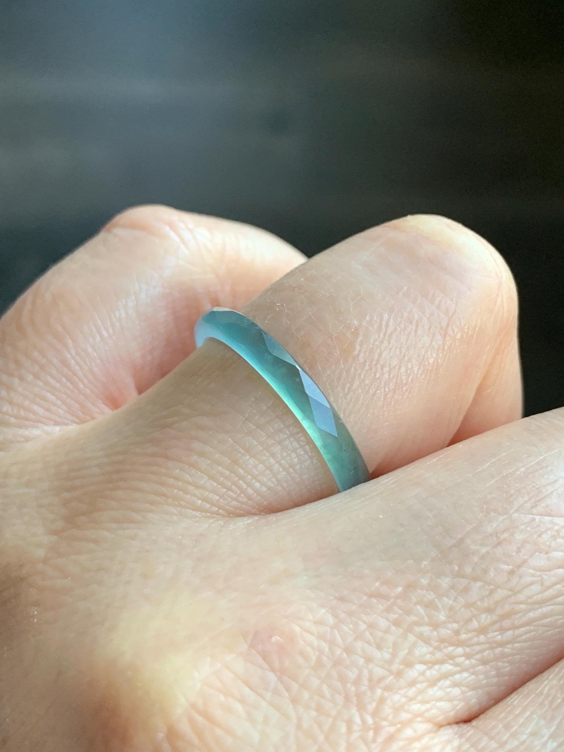 Natural Guatemalan Icy Highly Translucent Gelatinous Light Teal Blue Jadeite Diamond Faceted Slim Band Ring Size 9 天然冰危浅蓝起光翡翠切割面戒圈 ZQB1