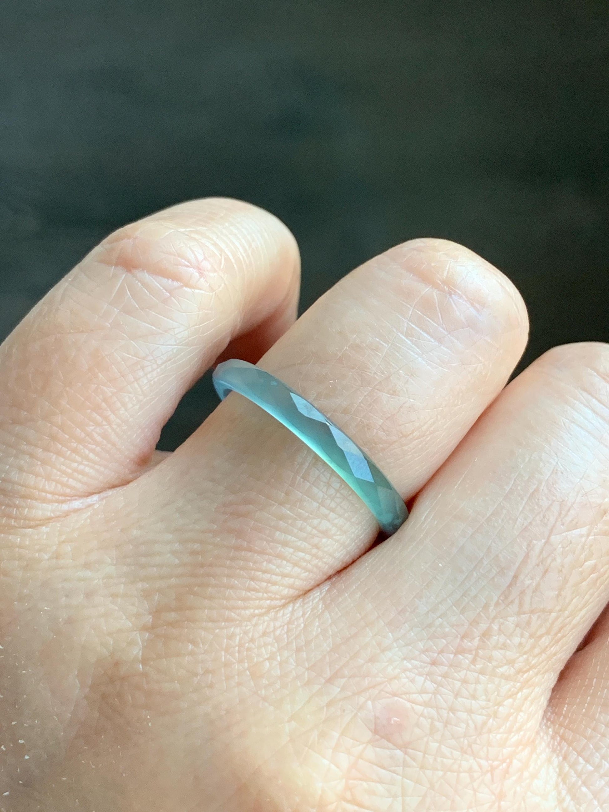 Natural Guatemalan Icy Highly Translucent Gelatinous Light Teal Blue Jadeite Diamond Faceted Slim Band Ring Size 9 天然冰危浅蓝起光翡翠切割面戒圈 ZQB1
