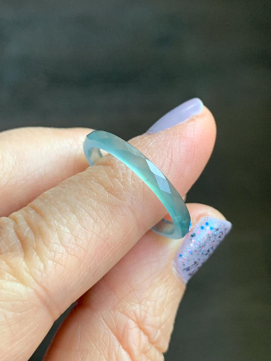 Natural Guatemalan Icy Highly Translucent Gelatinous Light Teal Blue Jadeite Diamond Faceted Slim Band Ring Size 9 天然冰危浅蓝起光翡翠切割面戒圈 ZQB1