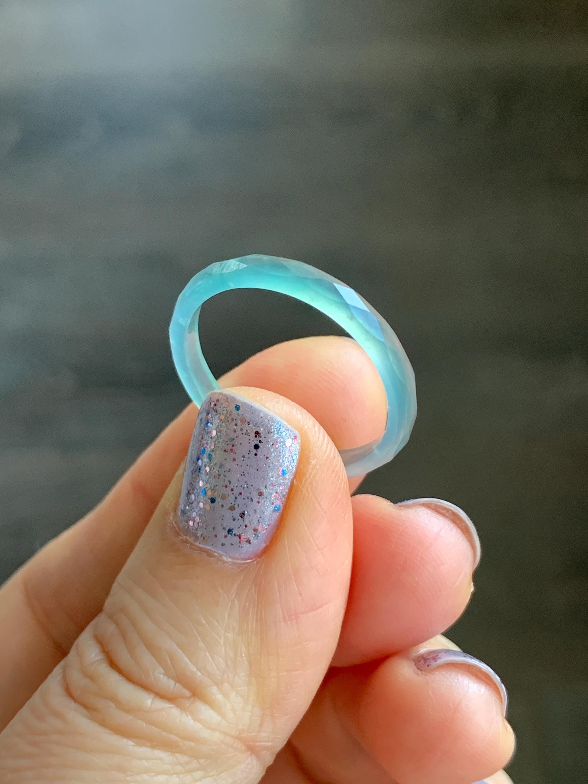 Natural Guatemalan Icy Highly Translucent Gelatinous Light Teal Blue Jadeite Diamond Faceted Slim Band Ring Size 9 天然冰危浅蓝起光翡翠切割面戒圈 ZQB1