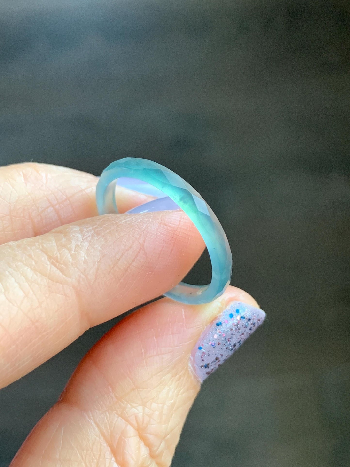 Natural Guatemalan Icy Highly Translucent Gelatinous Light Teal Blue Jadeite Diamond Faceted Slim Band Ring Size 9 天然冰危浅蓝起光翡翠切割面戒圈 ZQB1