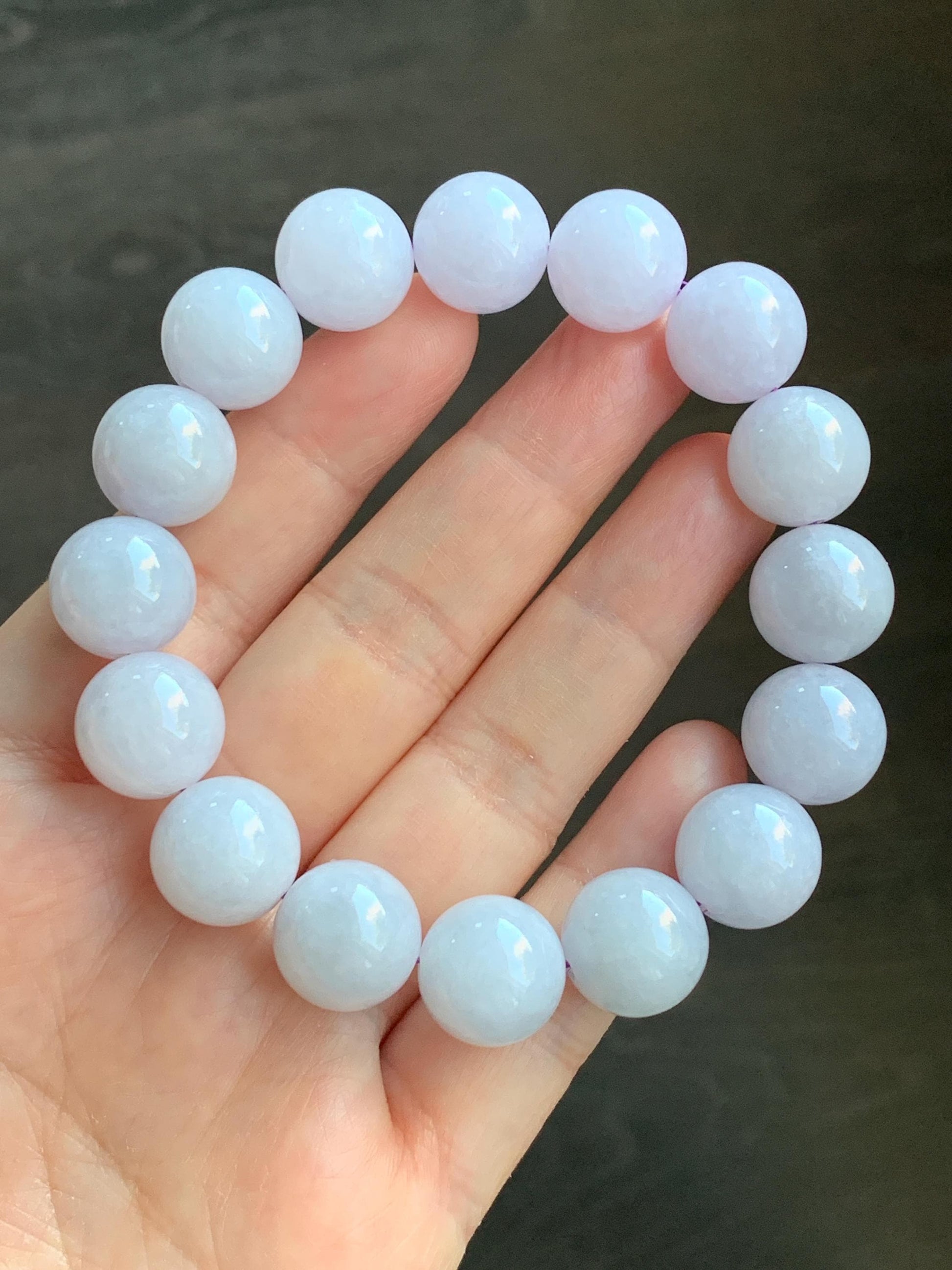 Certified Natural Burmese Icy Translucent White Jadeite Light Lavender Undertone Beads Beaded Bracelet 13.4mm 8” 68.9g 天然缅甸冰胶紫底翡翠大卡手串 4100