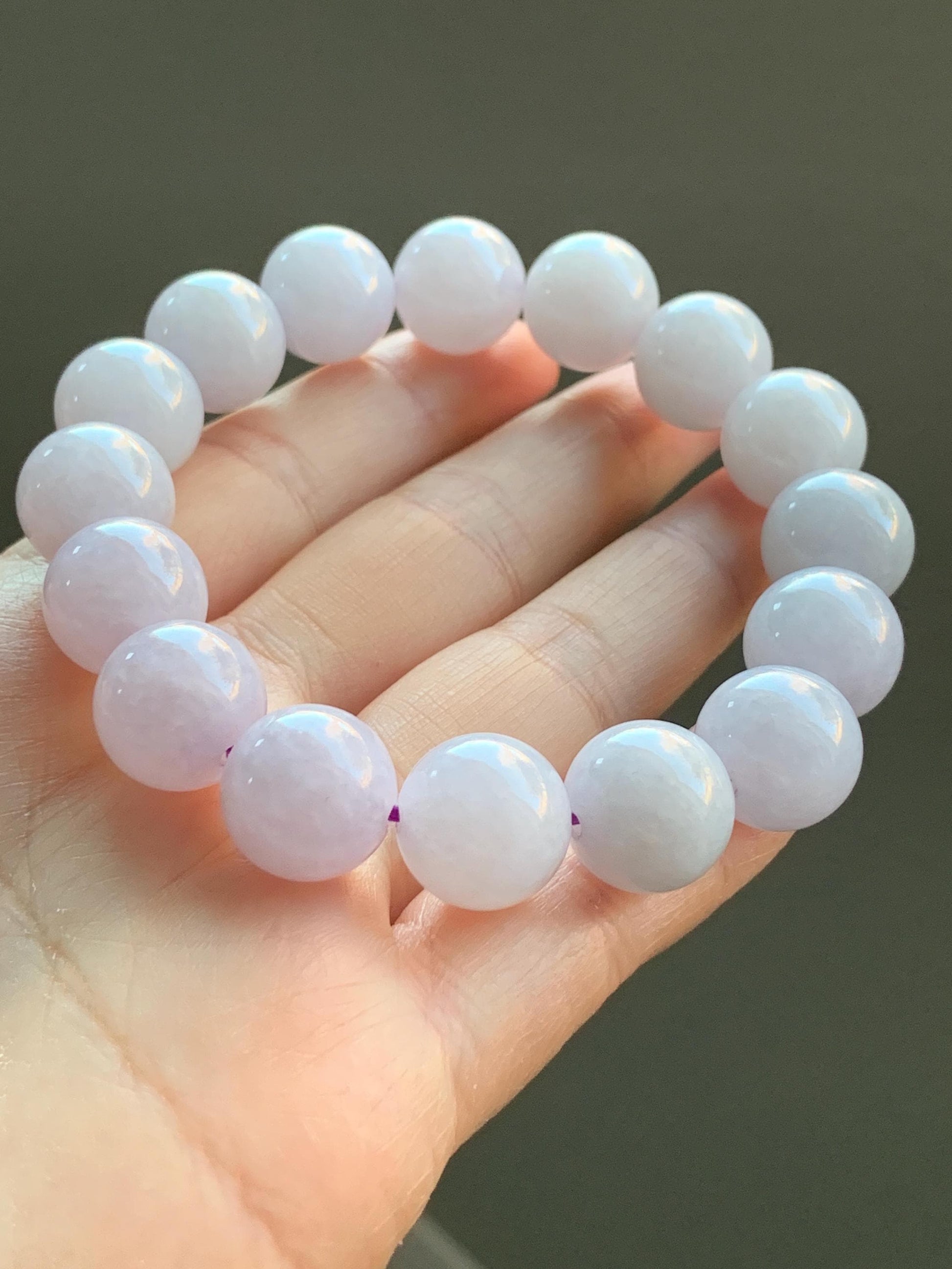 Certified Natural Burmese Icy Translucent White Jadeite Light Lavender Undertone Beads Beaded Bracelet 13.4mm 8” 68.9g 天然缅甸冰胶紫底翡翠大卡手串 4100