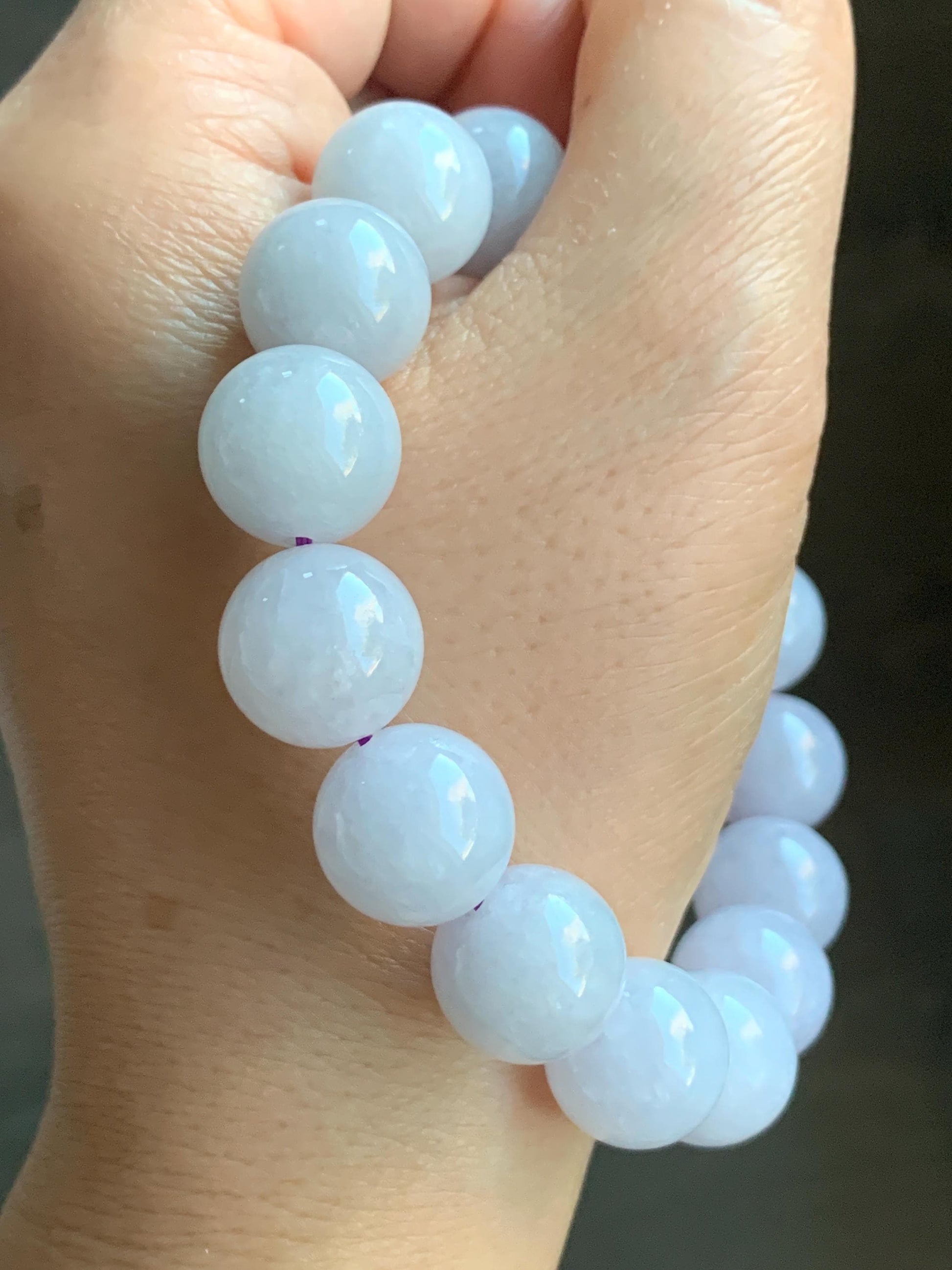 Certified Natural Burmese Icy Translucent White Jadeite Light Lavender Undertone Beads Beaded Bracelet 13.4mm 8” 68.9g 天然缅甸冰胶紫底翡翠大卡手串 4100