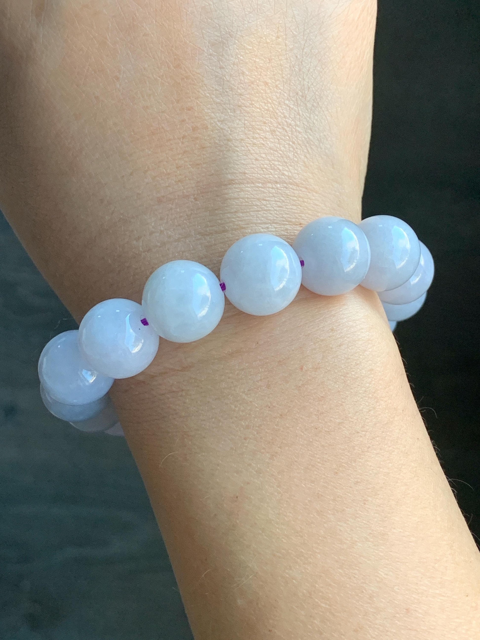 Certified Natural Burmese Icy Translucent White Jadeite Light Lavender Undertone Beads Beaded Bracelet 13.4mm 8” 68.9g 天然缅甸冰胶紫底翡翠大卡手串 4100