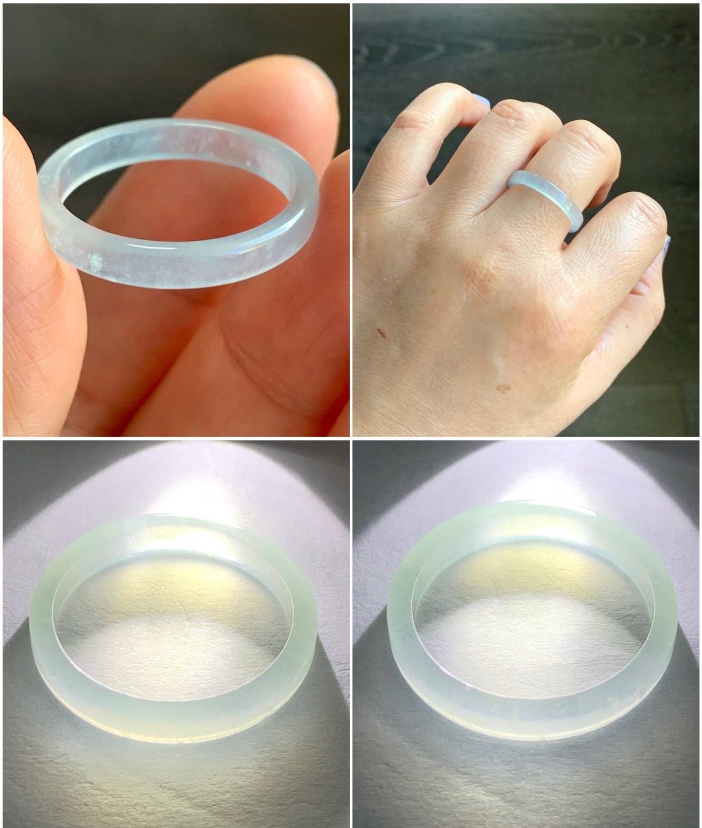 Natural Guatemalan Icy Highly Translucent Gelatinous Pale Blue Undertone Jadeite Square Edged Band Ring Size 9.75 US 天然冰危白皮起光翡翠角戒戒圈 BWJ88
