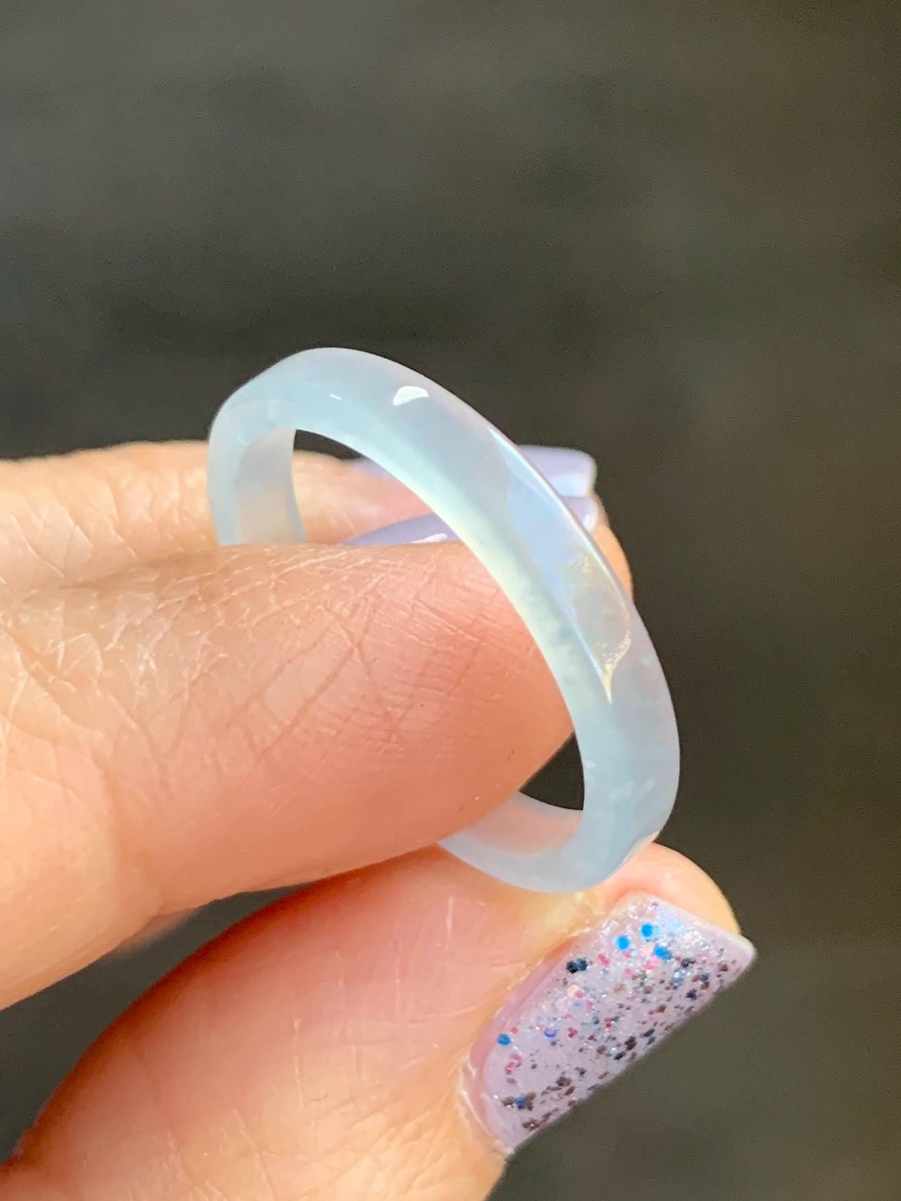 Natural Guatemalan Icy Highly Translucent Gelatinous Pale Blue Undertone Jadeite Square Edged Band Ring Size 9.75 US 天然冰危白皮起光翡翠角戒戒圈 BWJ88