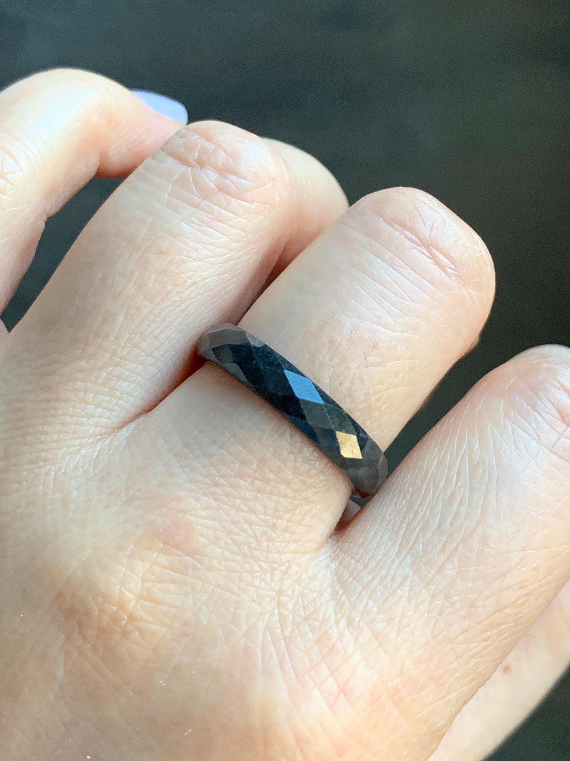 Natural Burmese Icy Translucent Dark Wuji Jadeite Diamond Faceted Band Ring Size 10.25 US 天然缅甸冰乌鸡翡翠切割面戒圈 ZQW-D