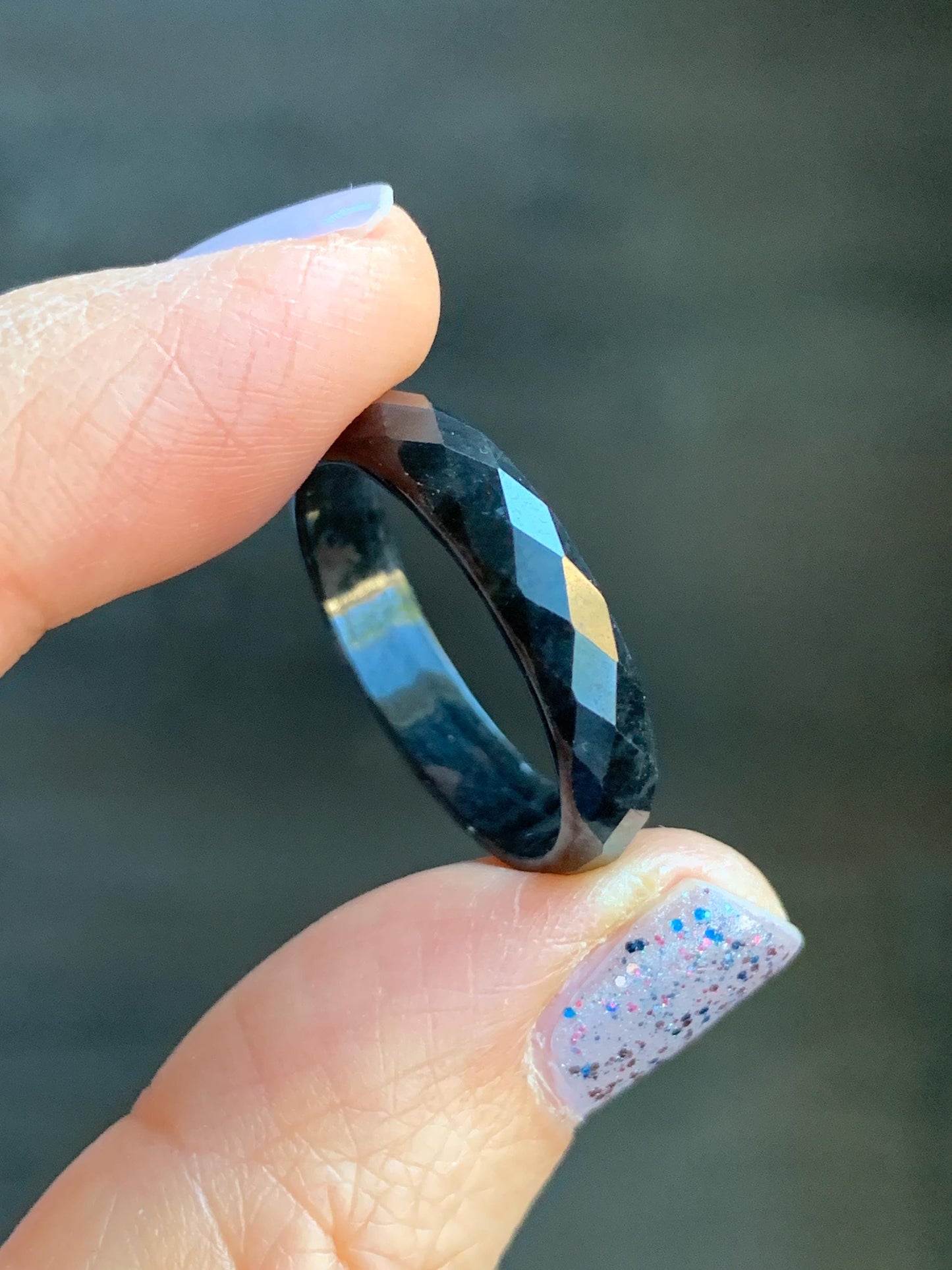 Natural Burmese Icy Translucent Dark Wuji Jadeite Diamond Faceted Band Ring Size 10.25 US 天然缅甸冰乌鸡翡翠切割面戒圈 ZQW-D