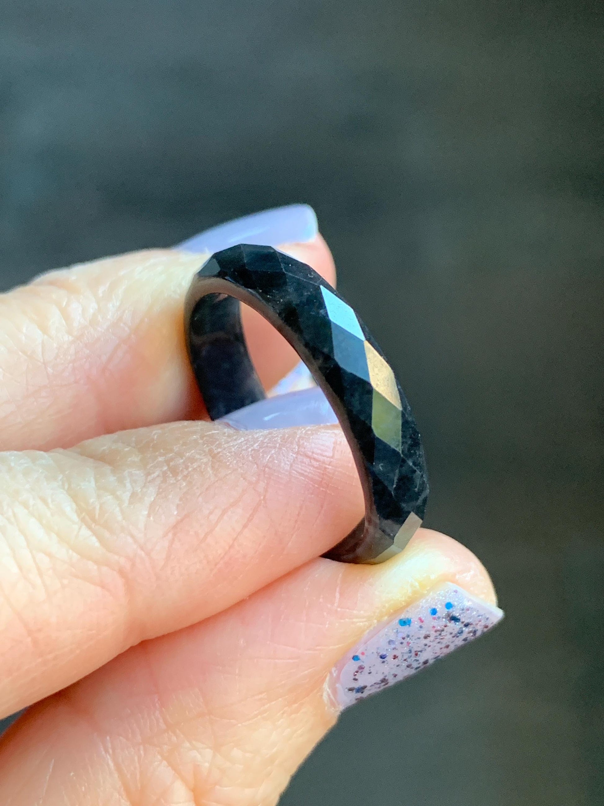 Natural Burmese Icy Translucent Dark Wuji Jadeite Diamond Faceted Band Ring Size 10.25 US 天然缅甸冰乌鸡翡翠切割面戒圈 ZQW-D