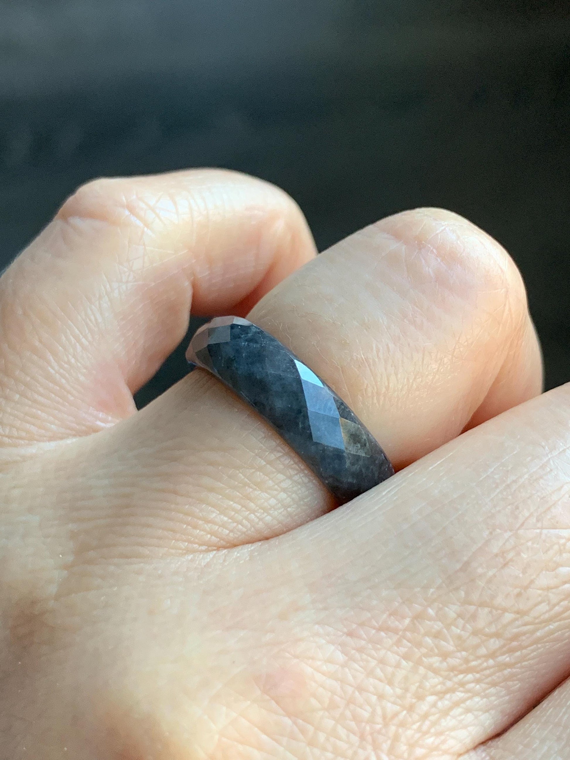 Natural Burmese Icy Translucent Dark Wuji Jadeite Diamond Faceted Band Ring Size 7.75 US 天然缅甸冰乌鸡翡翠切割面戒圈 ZQW-C
