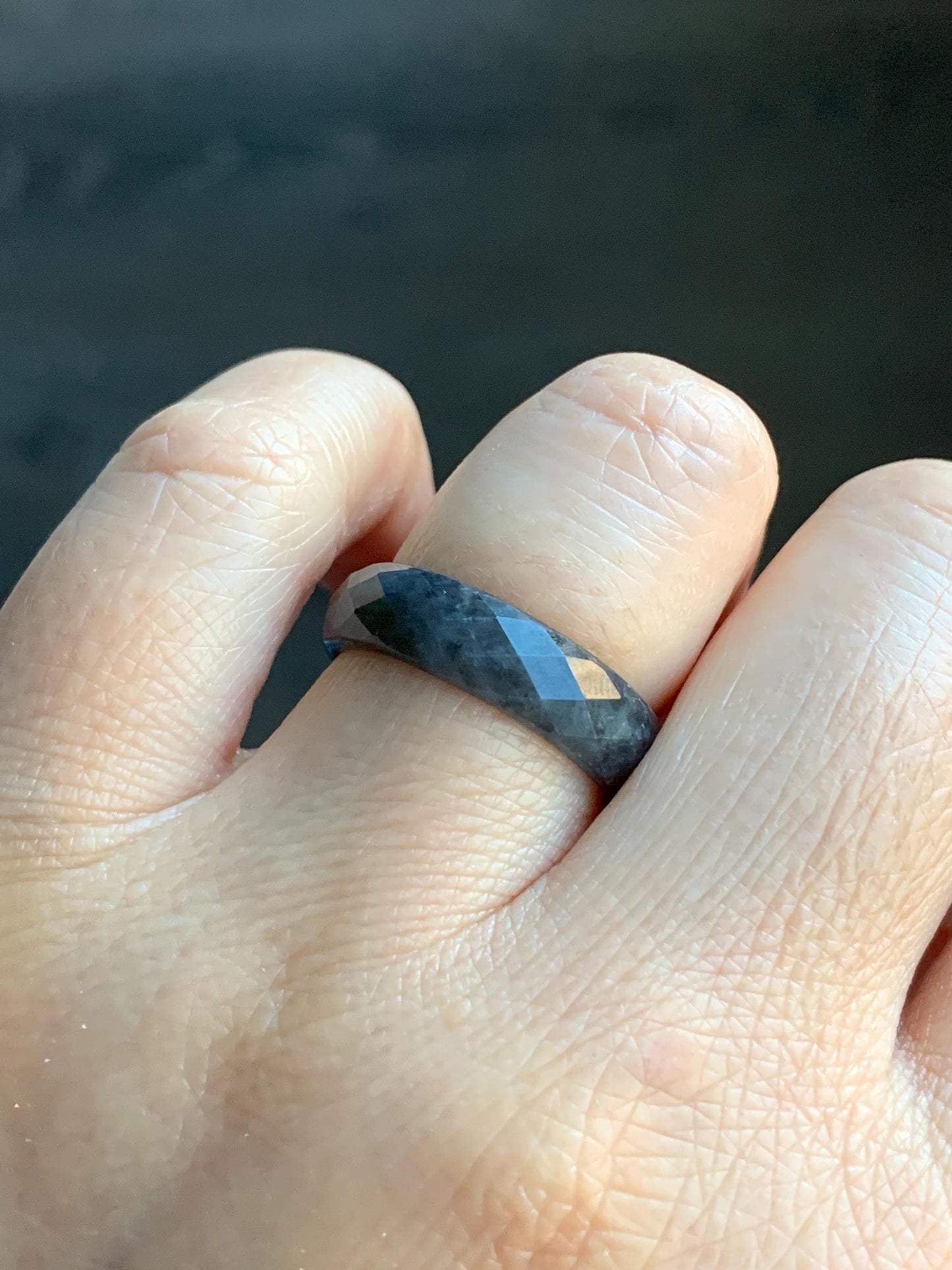 Natural Burmese Icy Translucent Dark Wuji Jadeite Diamond Faceted Band Ring Size 7.75 US 天然缅甸冰乌鸡翡翠切割面戒圈 ZQW-C