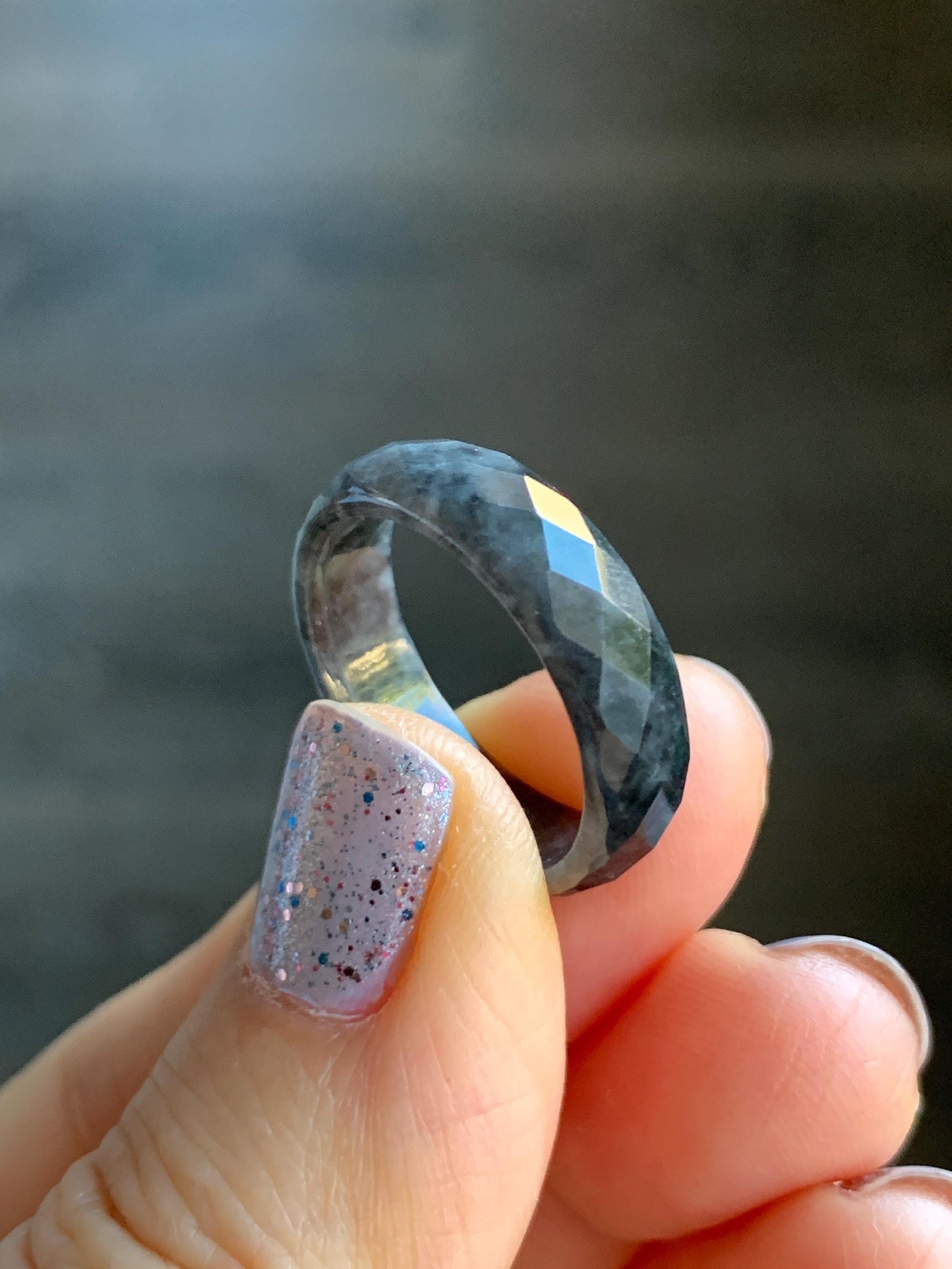Natural Burmese Icy Translucent Dark Wuji Jadeite Diamond Faceted Band Ring Size 7.75 US 天然缅甸冰乌鸡翡翠切割面戒圈 ZQW-C