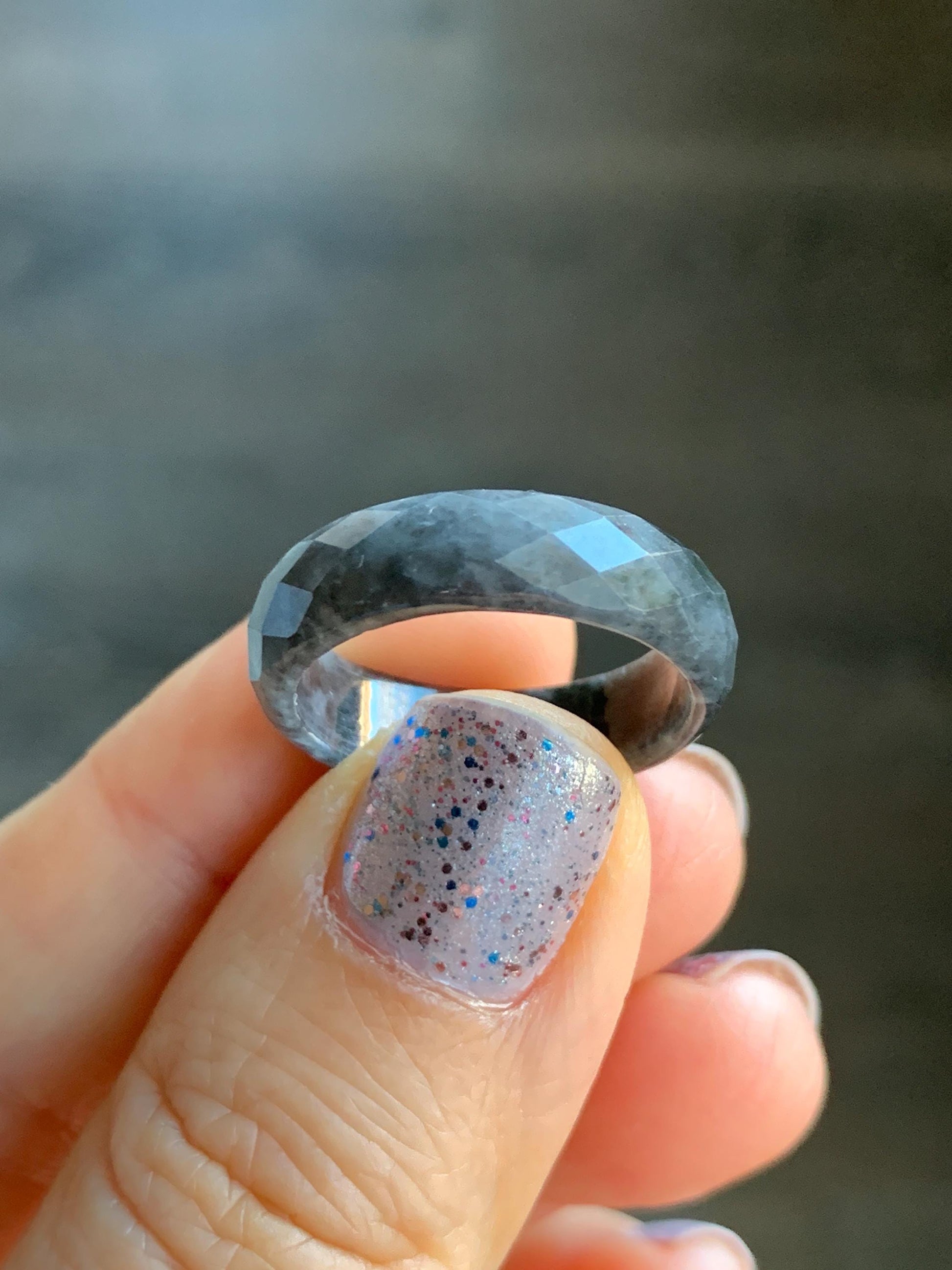 Natural Burmese Icy Translucent Dark Wuji Jadeite Diamond Faceted Band Ring Size 7.75 US 天然缅甸冰乌鸡翡翠切割面戒圈 ZQW-C