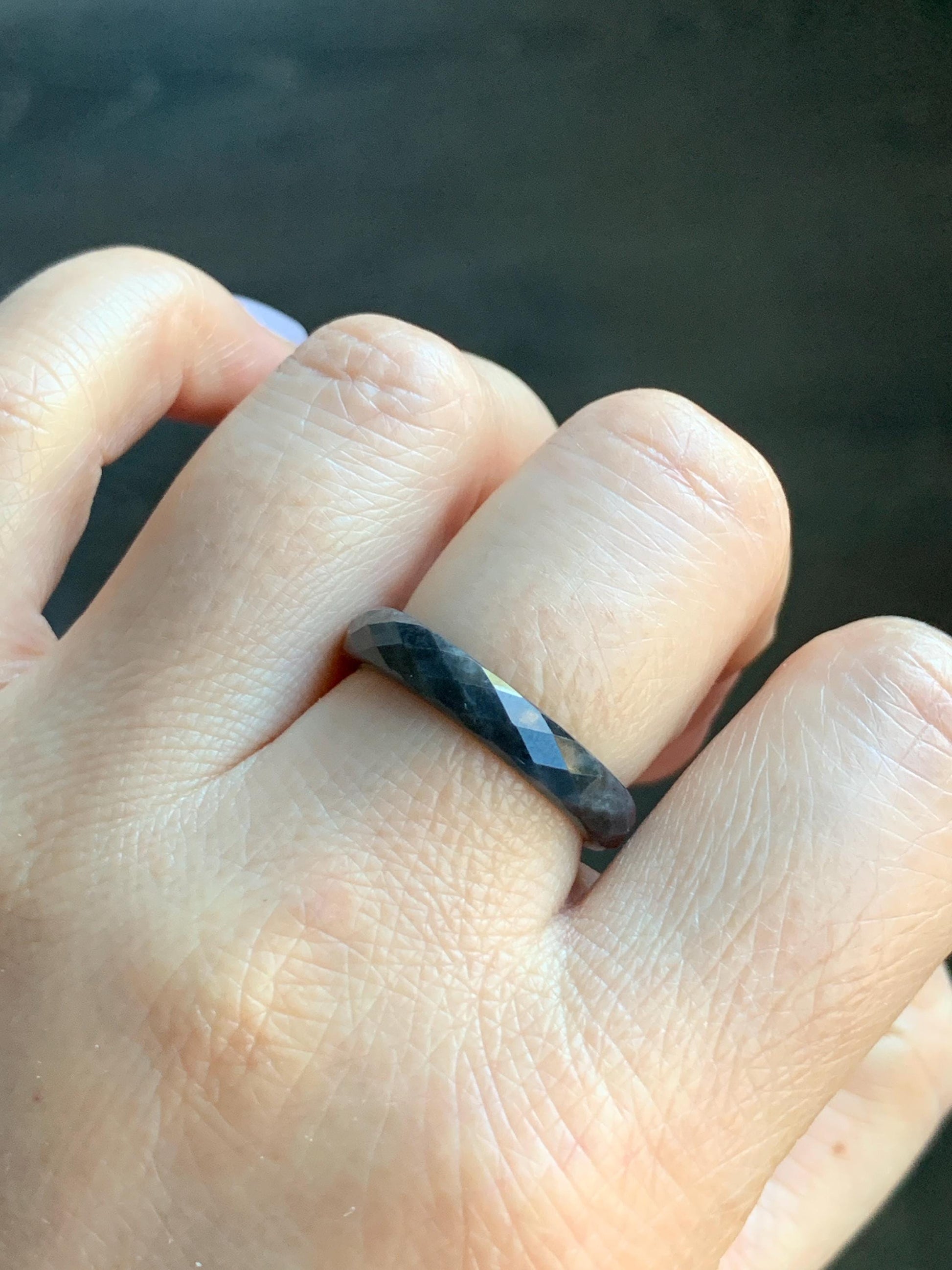 Natural Burmese Icy Translucent Dark Wuji Jadeite Diamond Faceted Band Ring Size 9.25 US 天然缅甸冰乌鸡翡翠切割面戒圈 ZQW-B