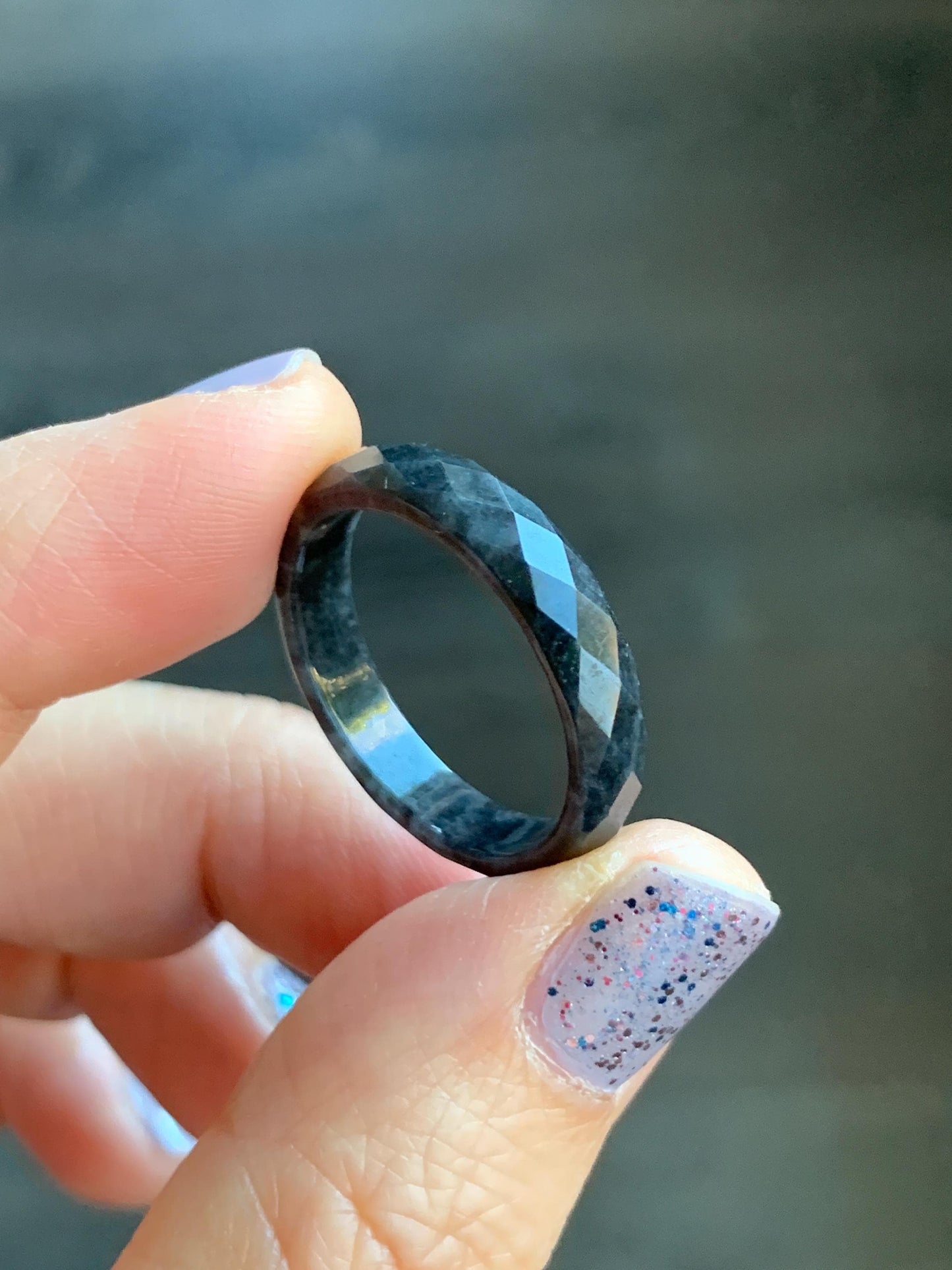 Natural Burmese Icy Translucent Dark Wuji Jadeite Diamond Faceted Band Ring Size 10.25 US 天然缅甸冰乌鸡翡翠切割面戒圈 ZQW-A